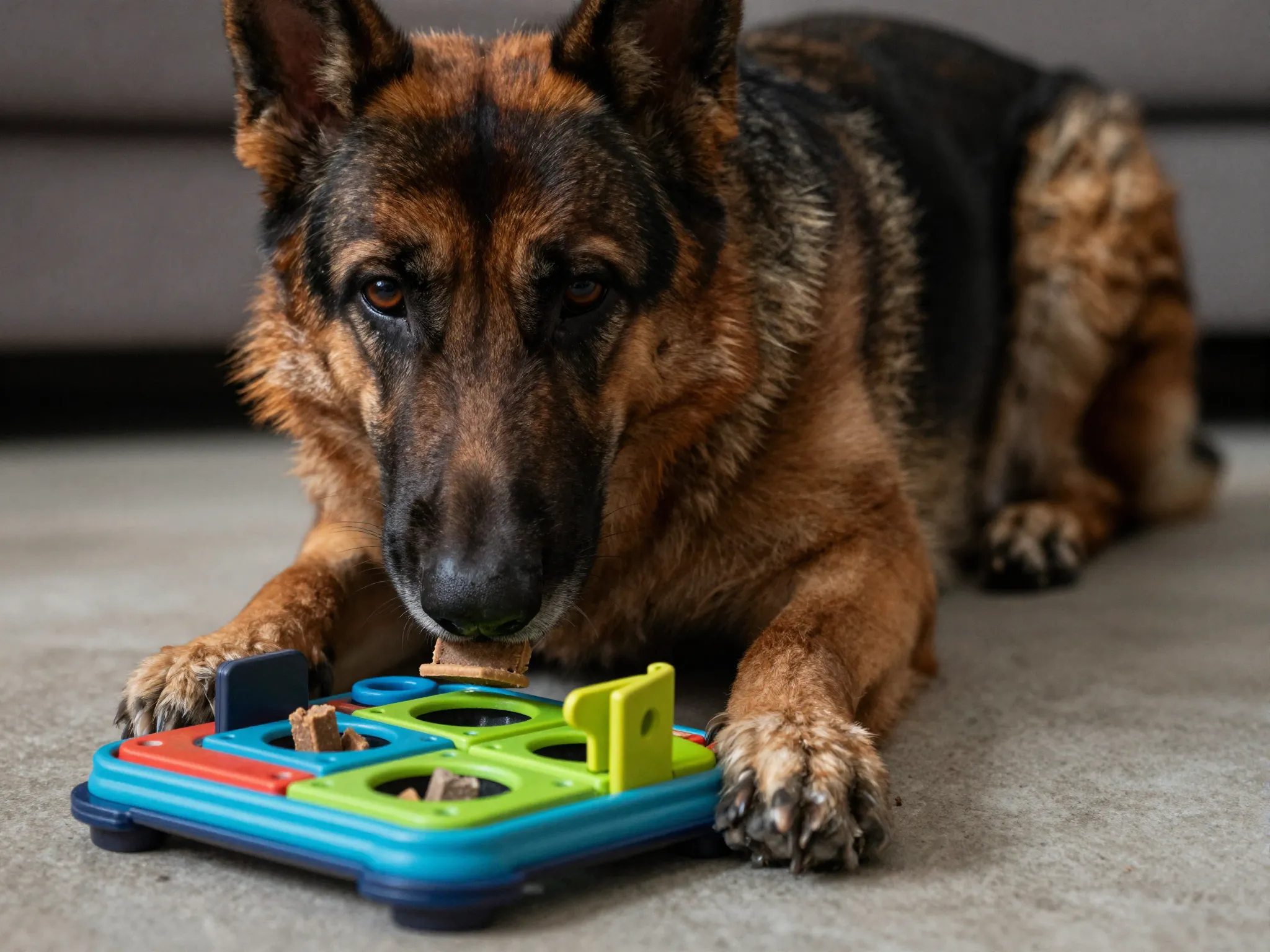 Adult german shepherd concentrating complex multi step puzzle toy