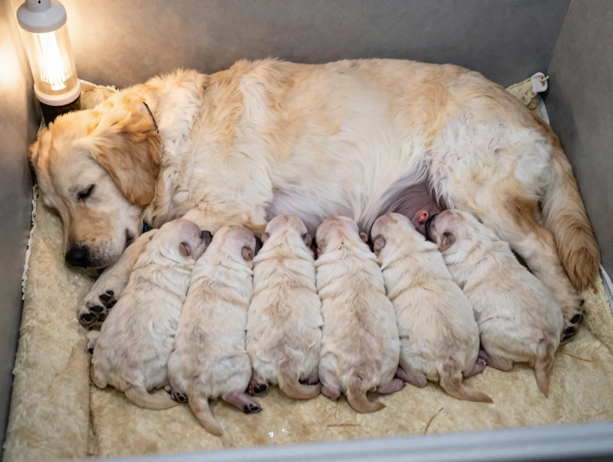 Newborn cream golden retriever puppies nursing with mother