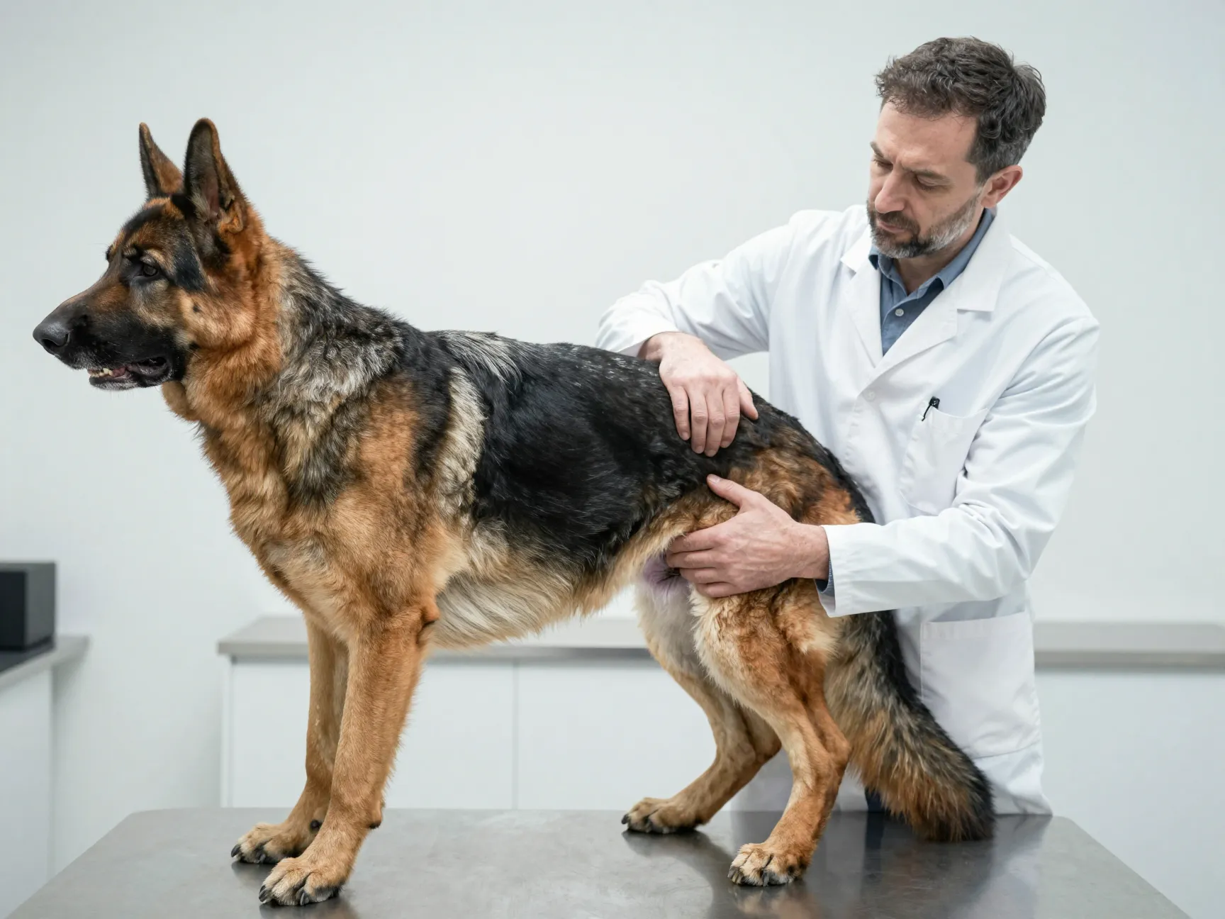 Senior german shepherd veterinarian checking dog hip joint mobility