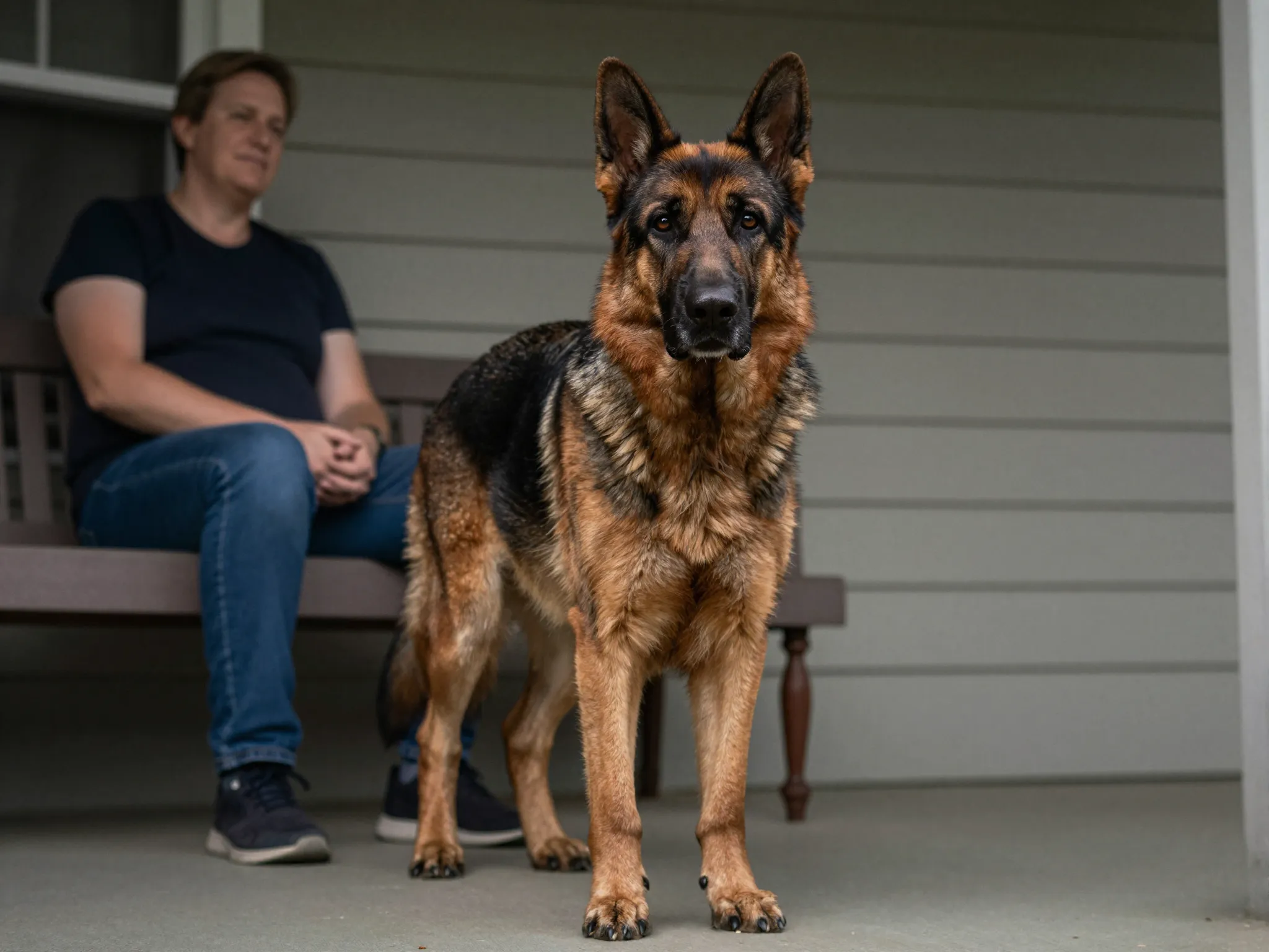 Confident adult german shepherd standing protectively near seated owner