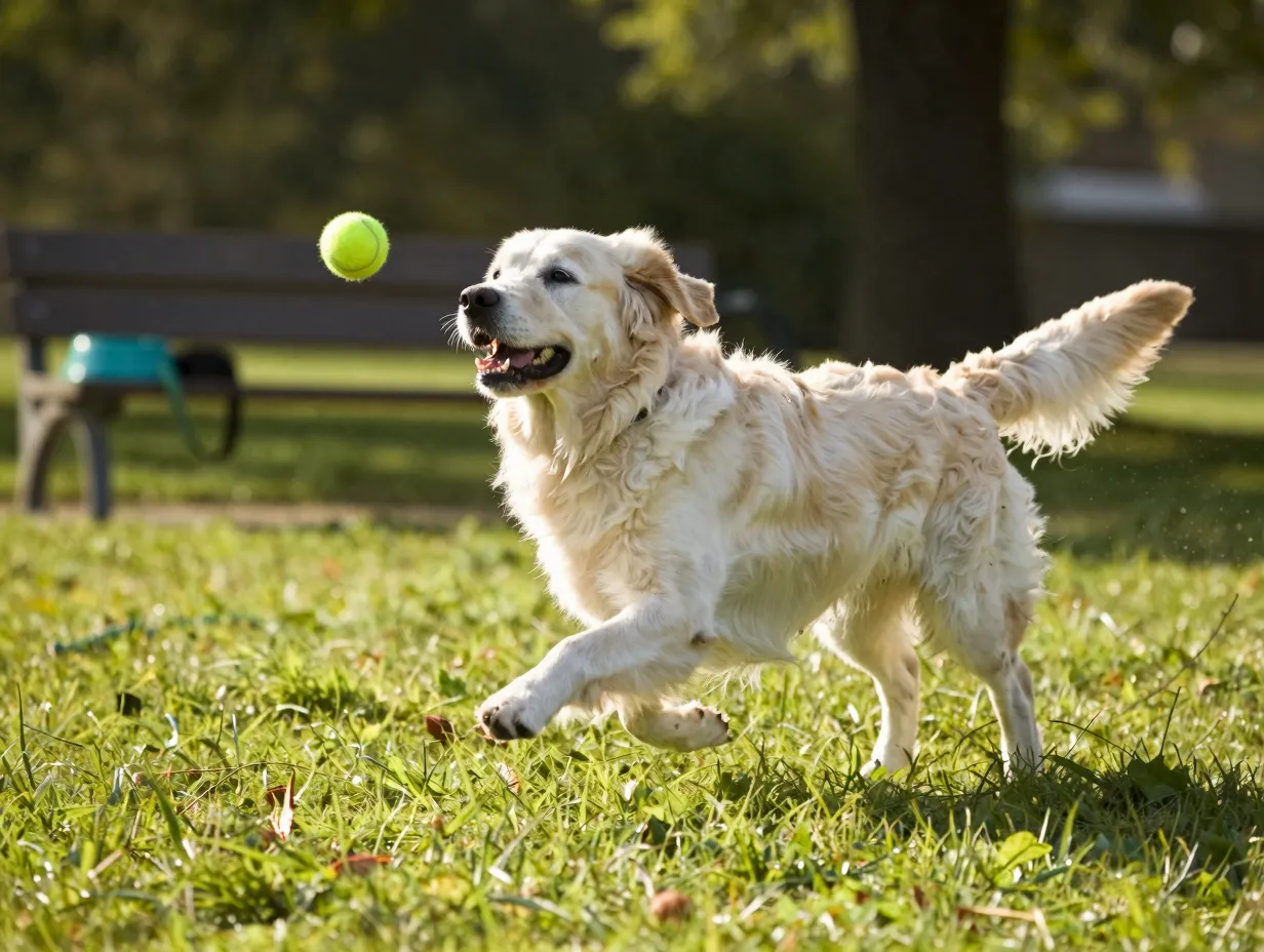 Senior white golden retriever playing fetch in sunny park