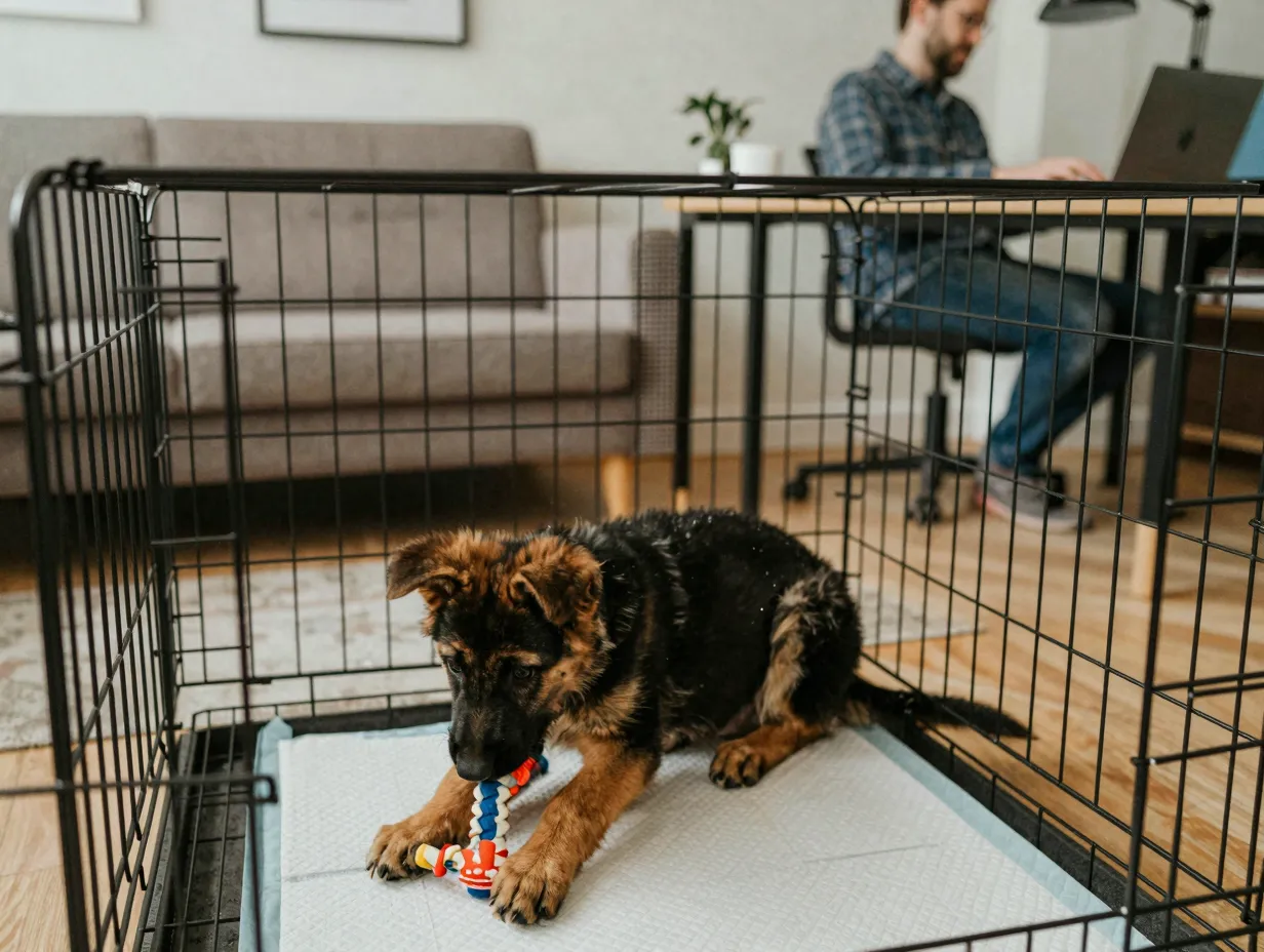 German shepherd puppy crate chew toy owner works nearby