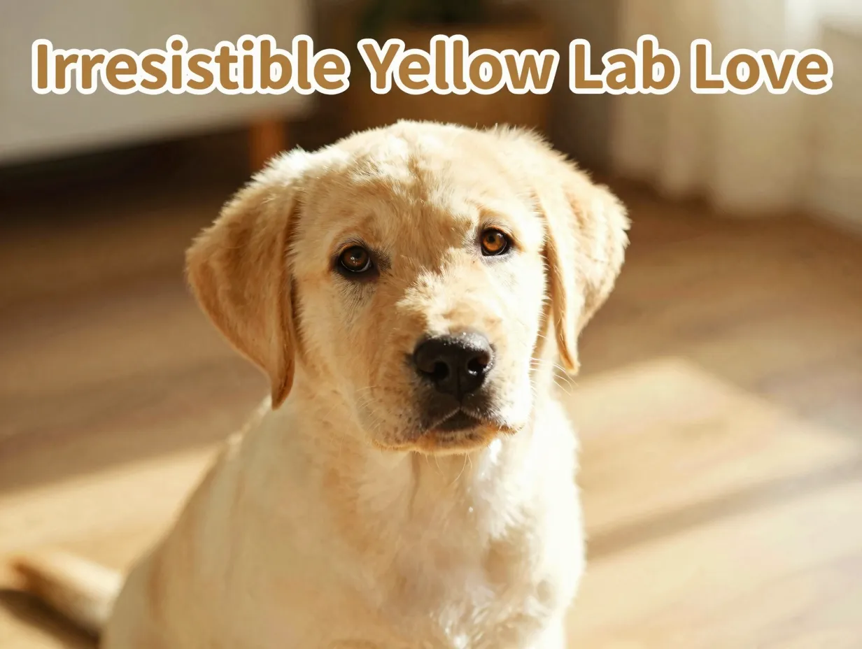 Golden lab puppy sunlit close up tilted head soft bokeh warm light