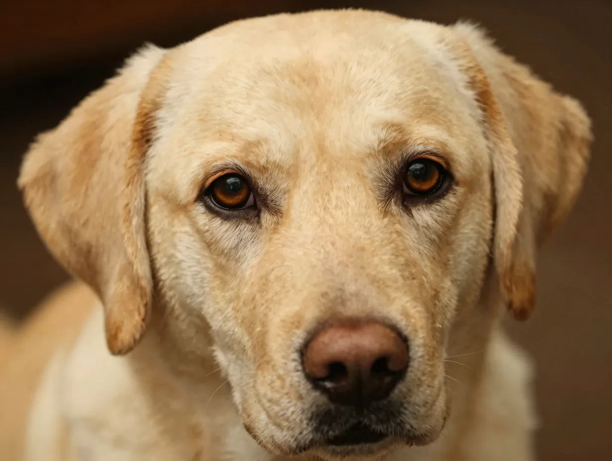 A closeup of a yellow labs large round eyes and floppy ears