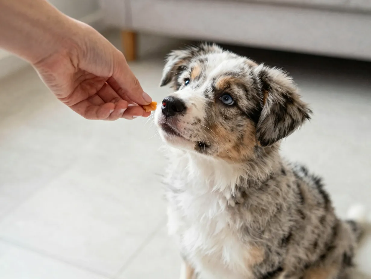 Young puppy learning sit command with treat near nose