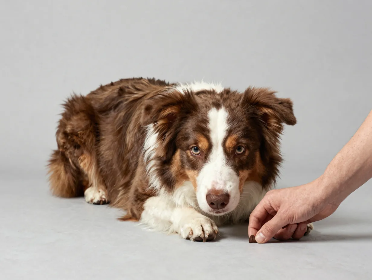 Mini aussie in down position with closed fist on floor