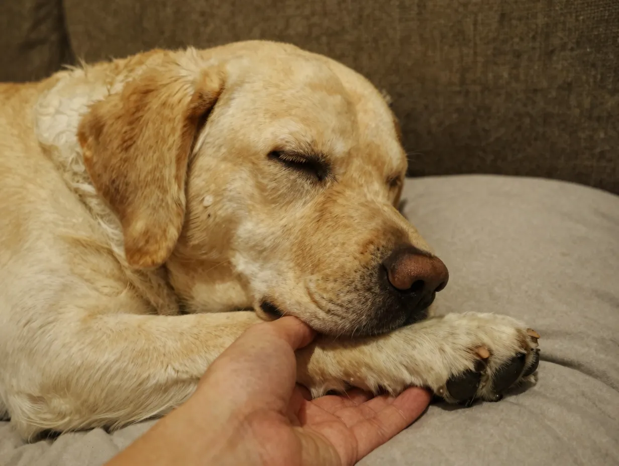 A yellow lab sleeping while holding its owners hand