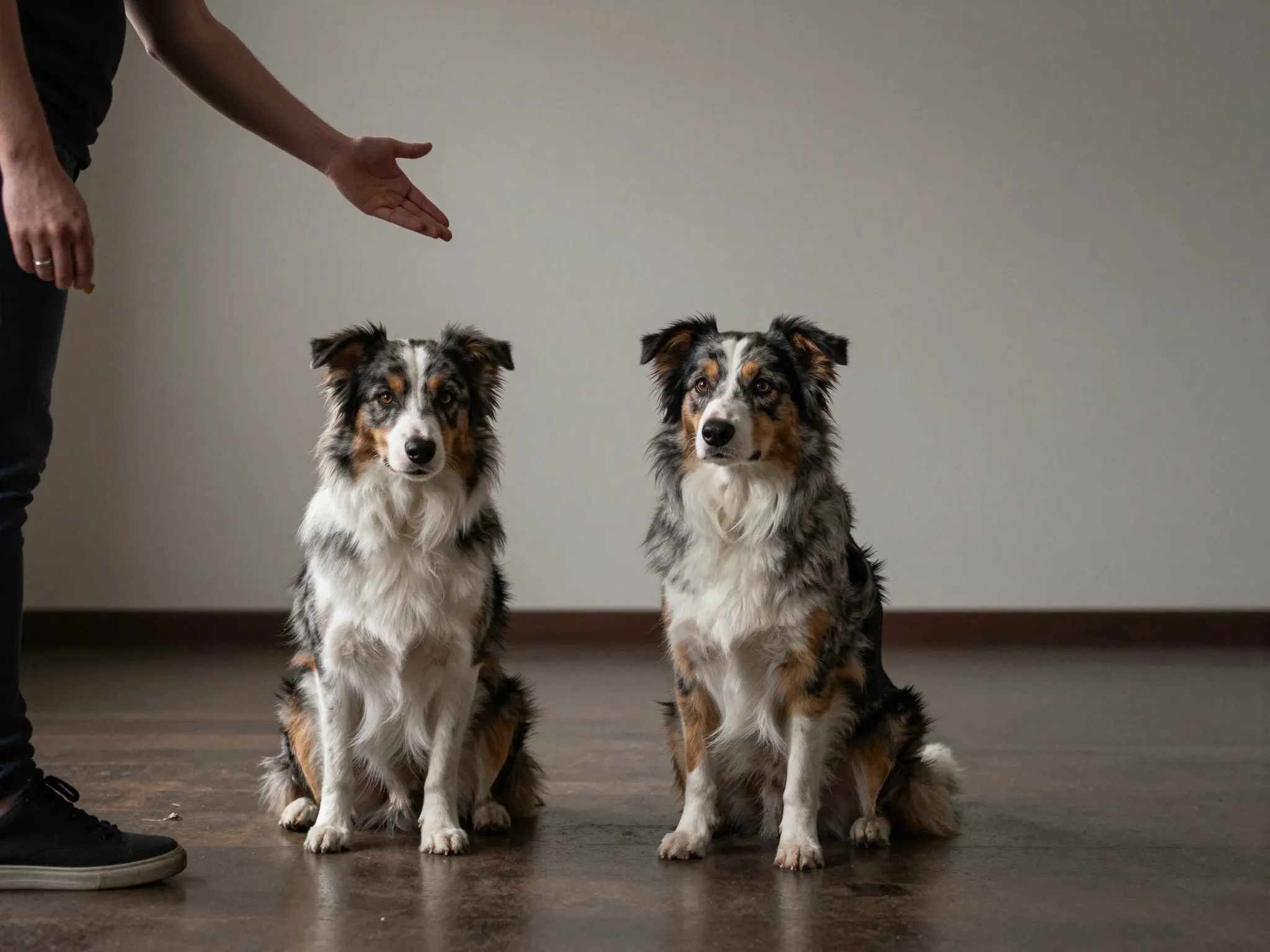 Dog holding stay command as handler steps away