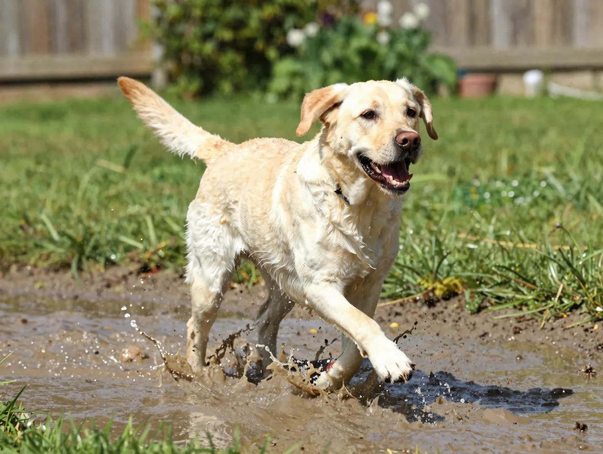 A yellow lab running through a backyard puddle with joy