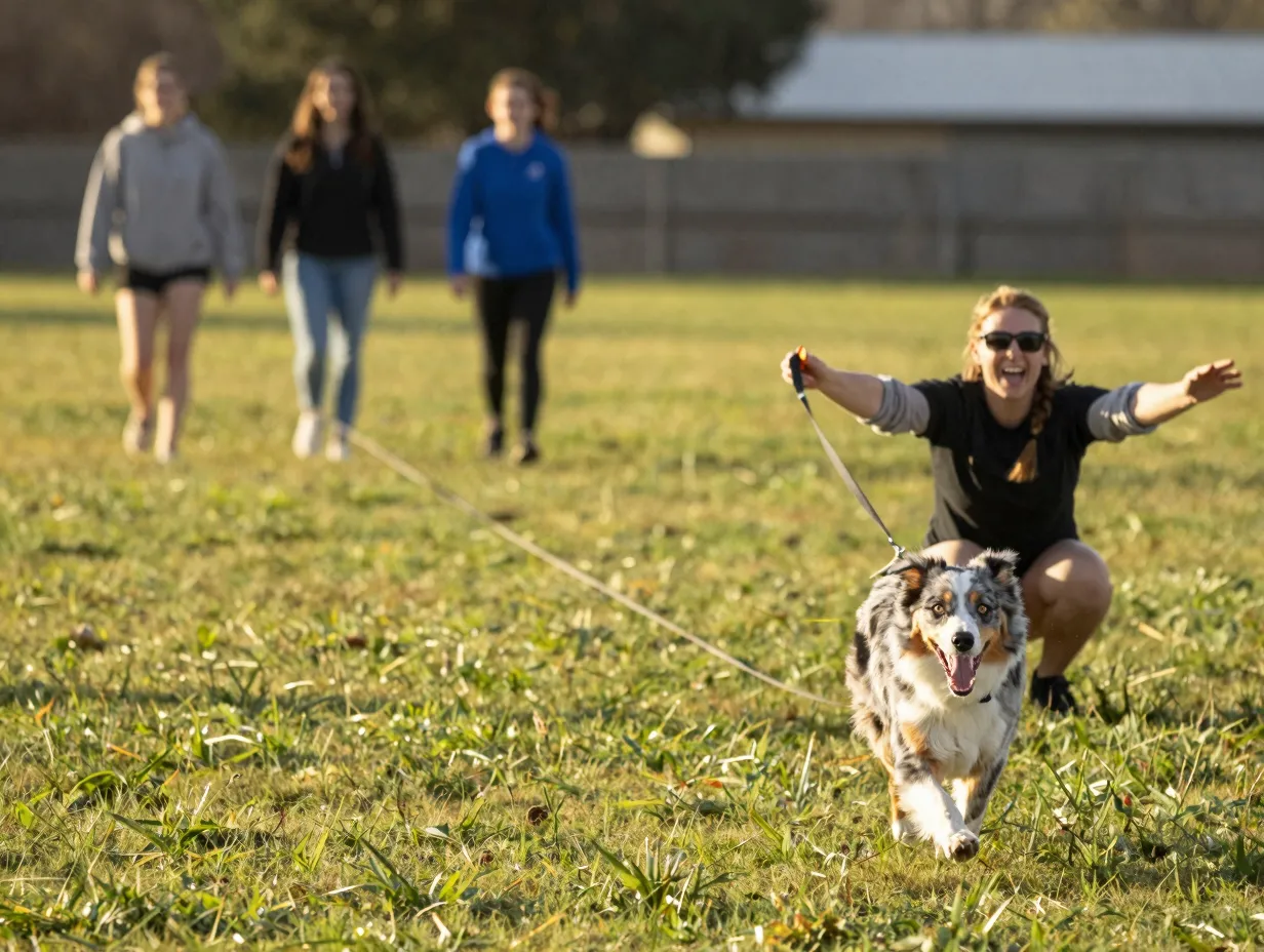 Mini aussie responding to recall on a long leash
