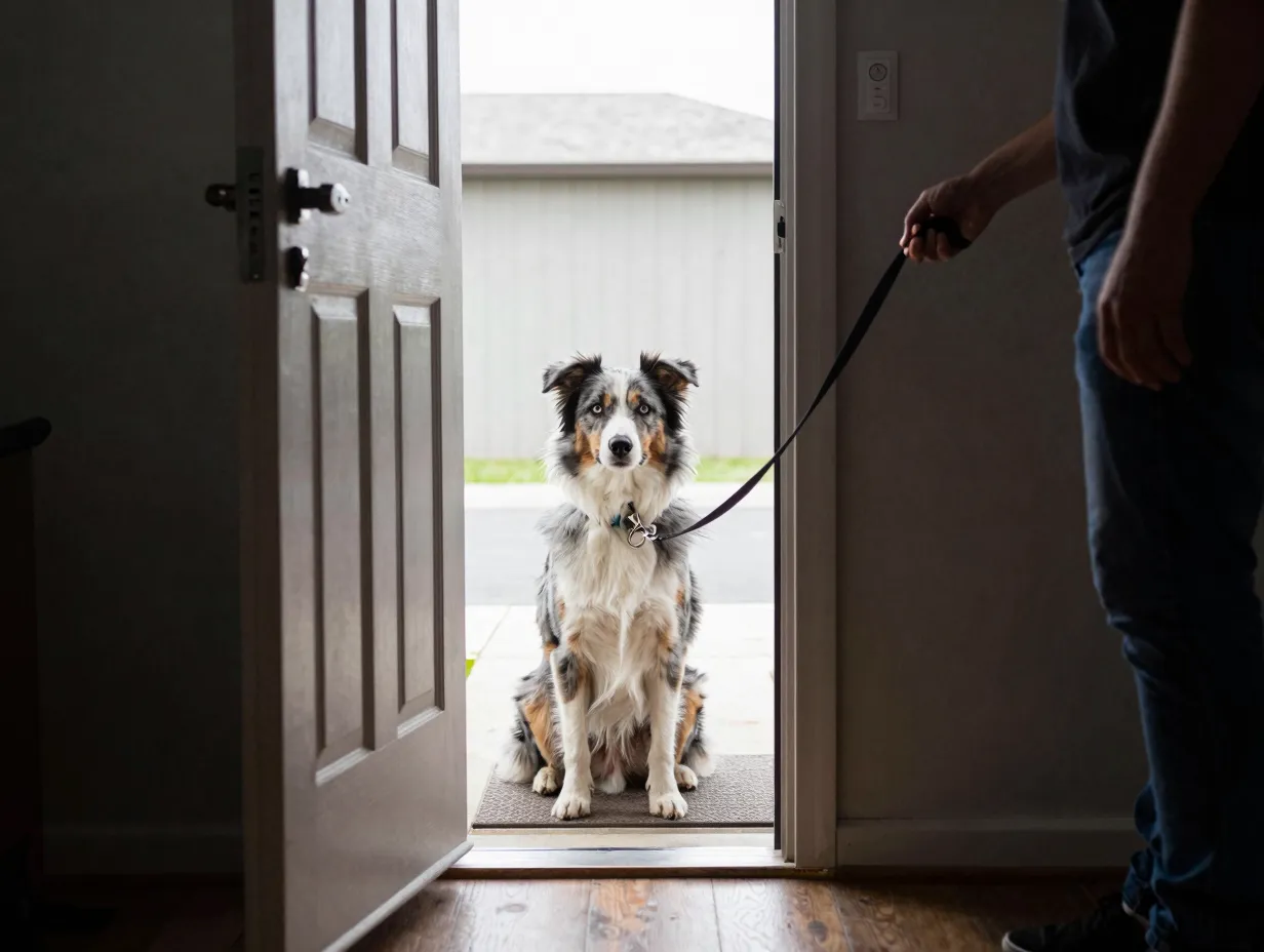 Dog pausing at an open doorway on command