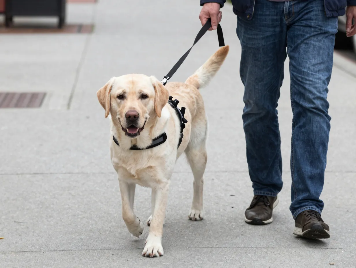 A yellow lab guide dog leading a person with a harness