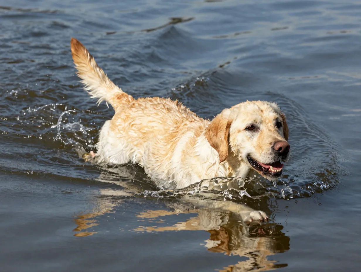 A yellow lab swimming in a lake with its otter like tail visible