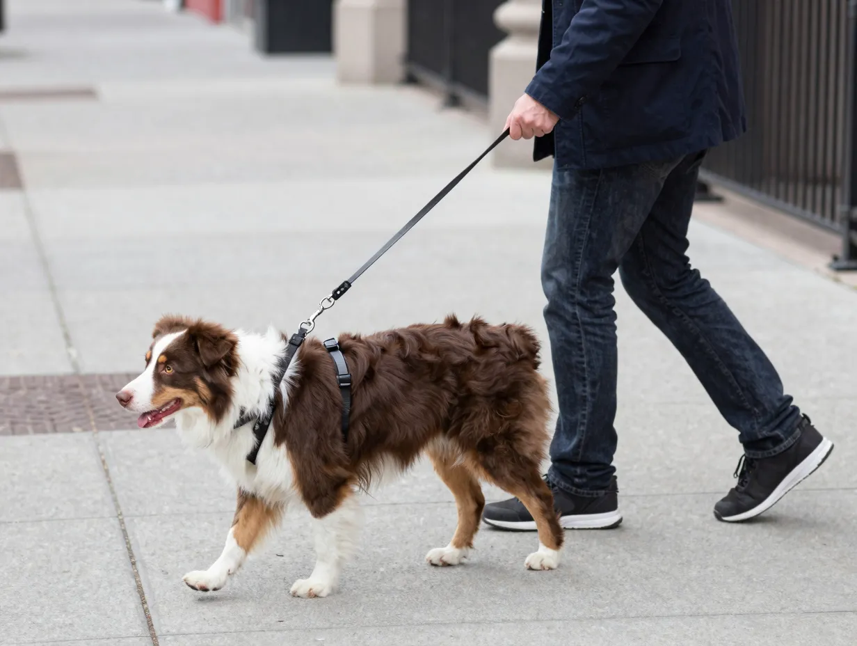 Mini aussie heeling calmly on a loose leash