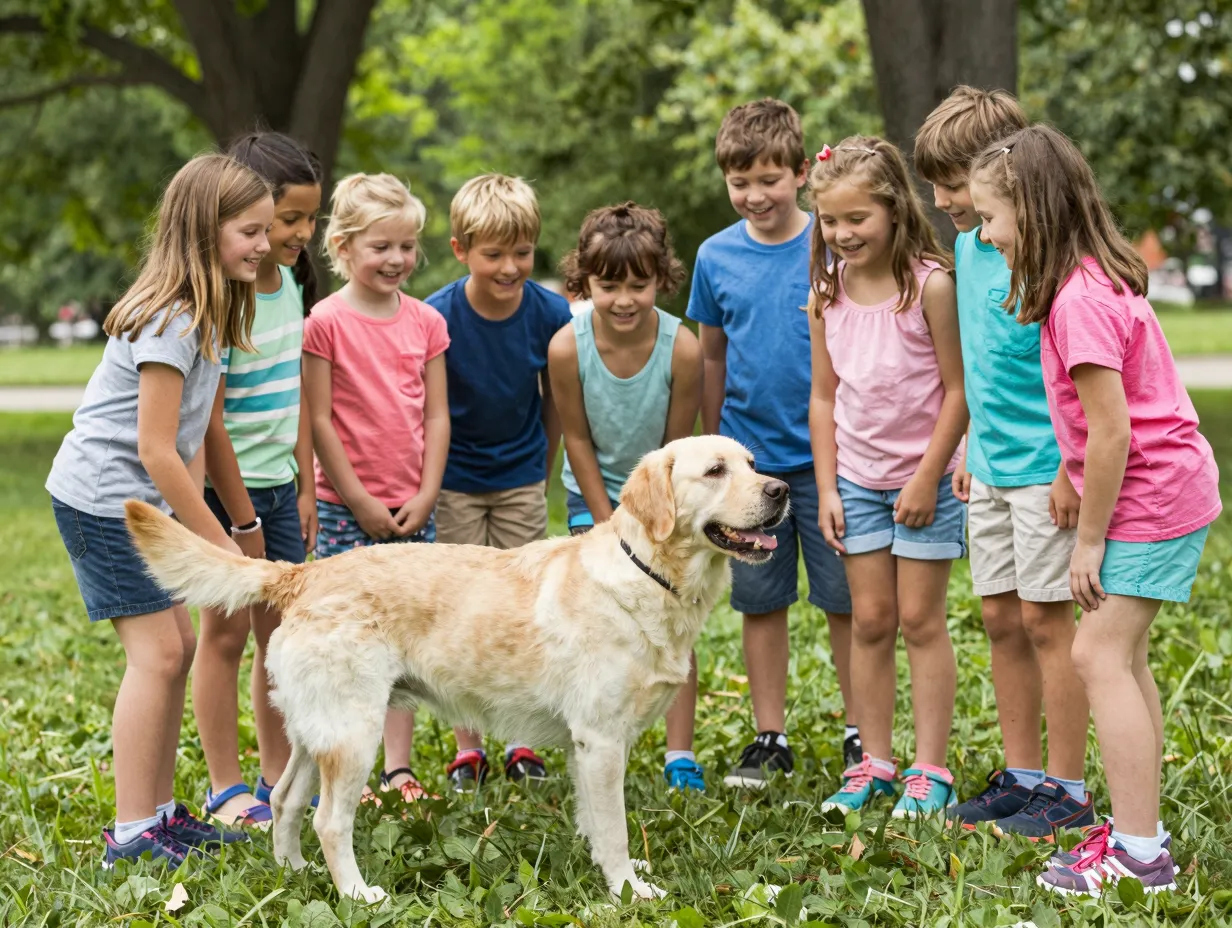 A yellow lab happily greeting a group of children at a park