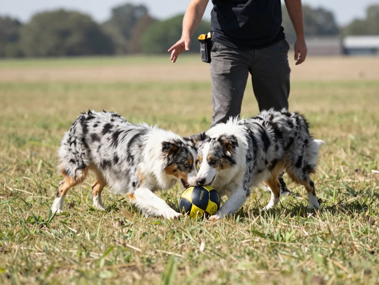 Dog directing a herding ball with a handler