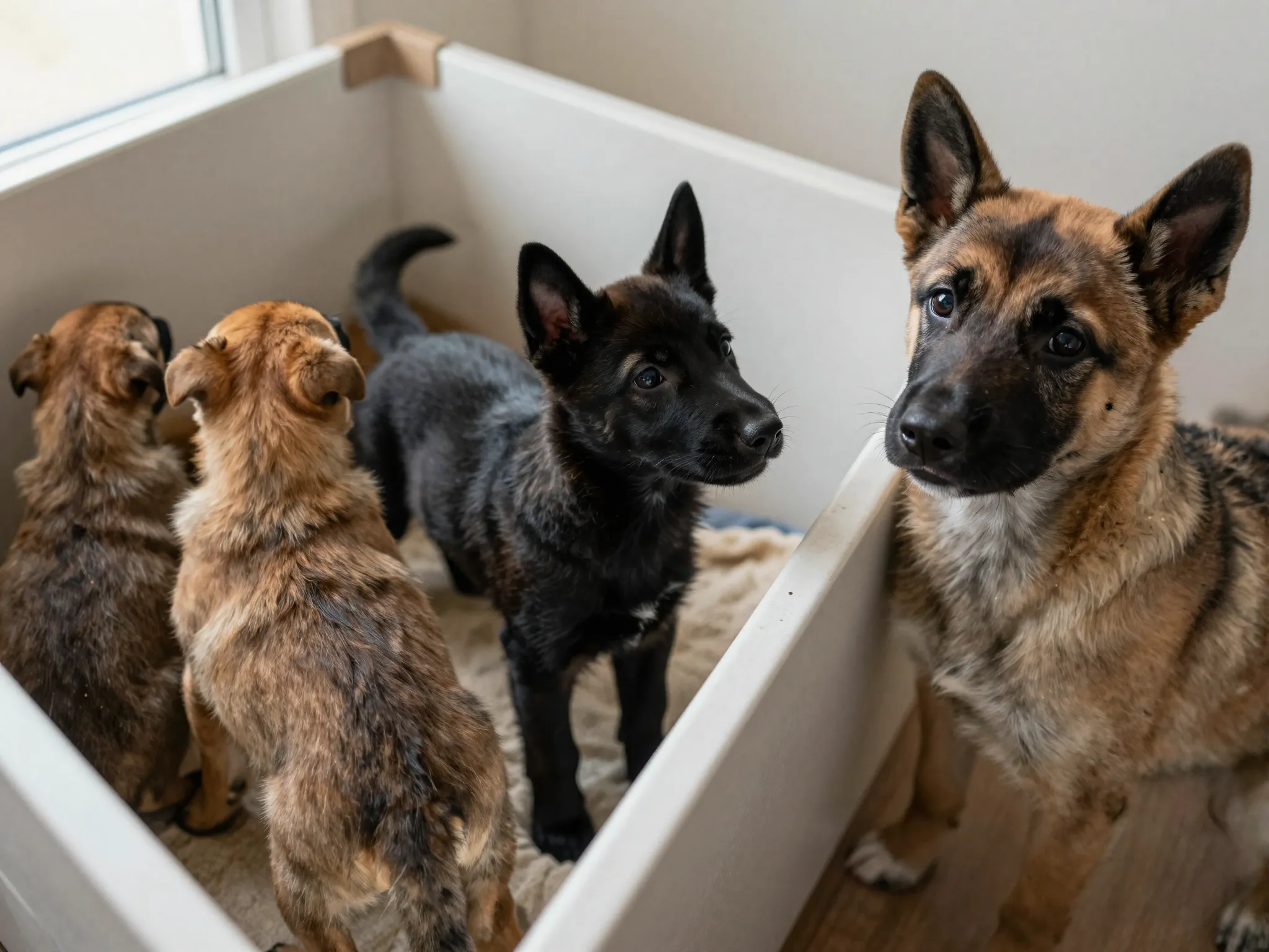 Fawn parents with surprise solid black malinois puppy