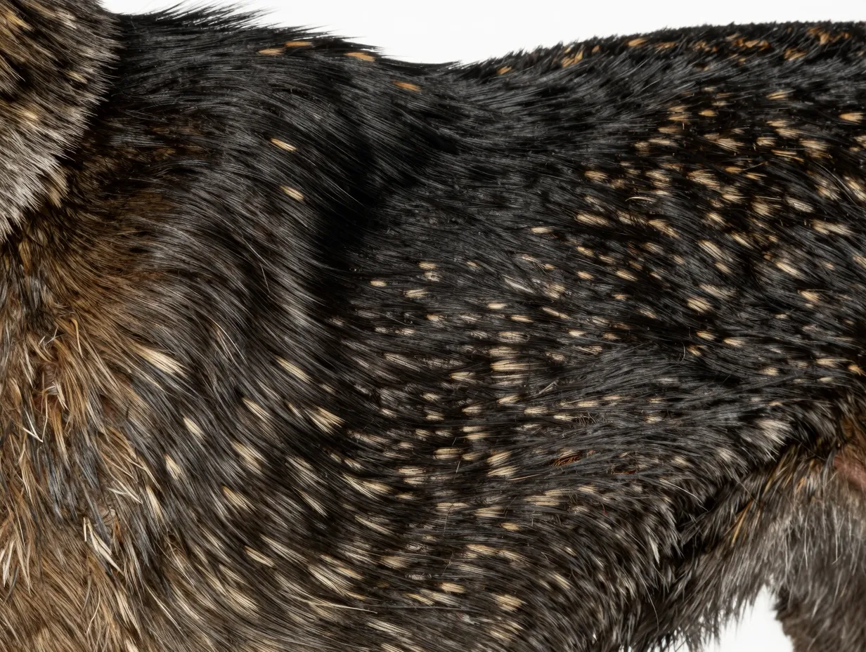 Black sable malinois coat reveals lighter undercoat closeup