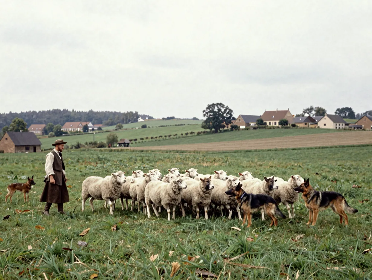 Historic belgian shepherd herding livestock in malines region