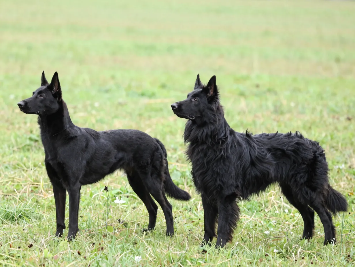 Short coated black malinois beside long coated black groenendael