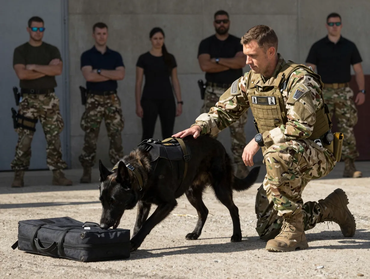 Black malinois performing military detection work with handler
