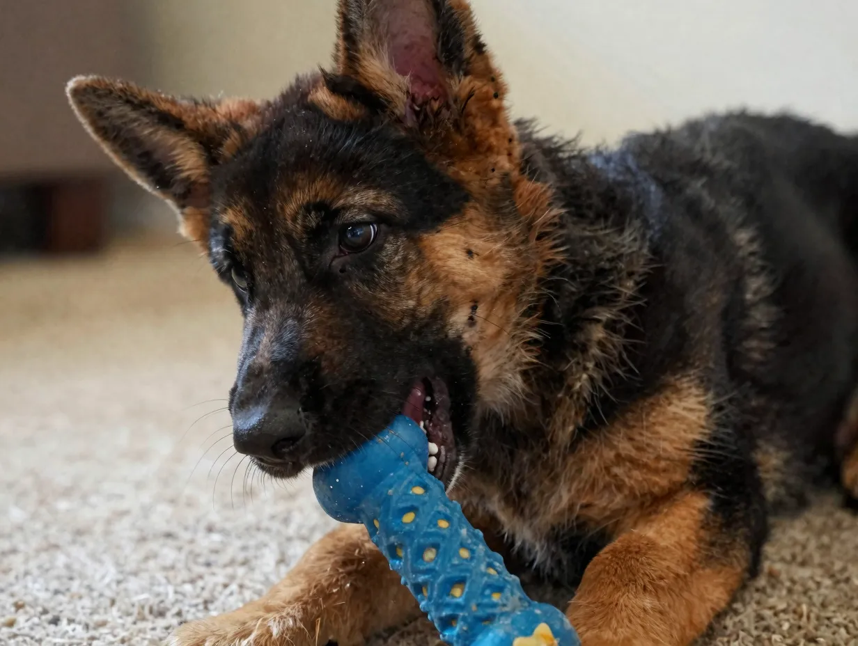 Three month old german shepherd puppy chewing a rubber chew toy