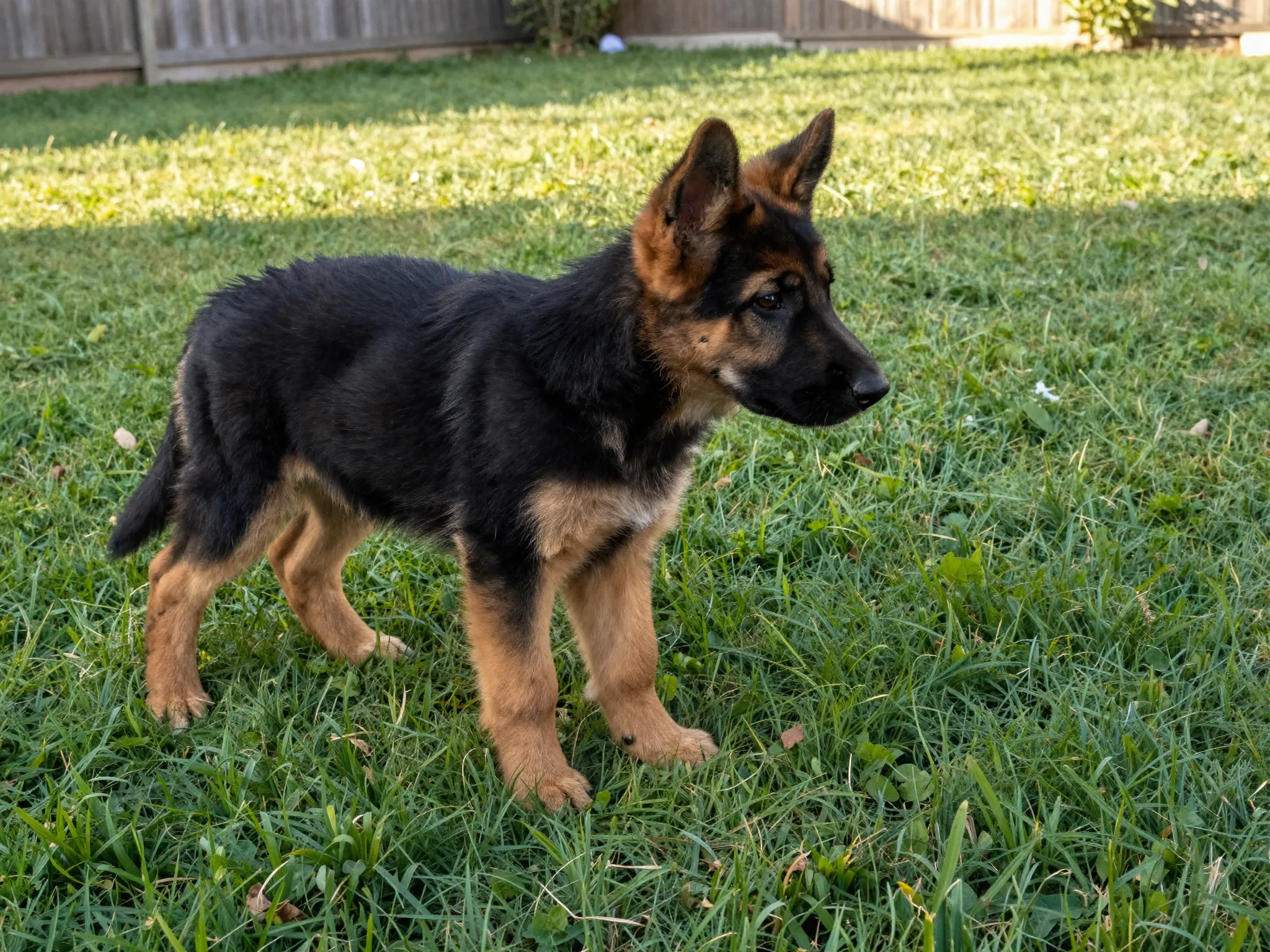 Awkward german shepherd puppy with oversized paws on grassy yard