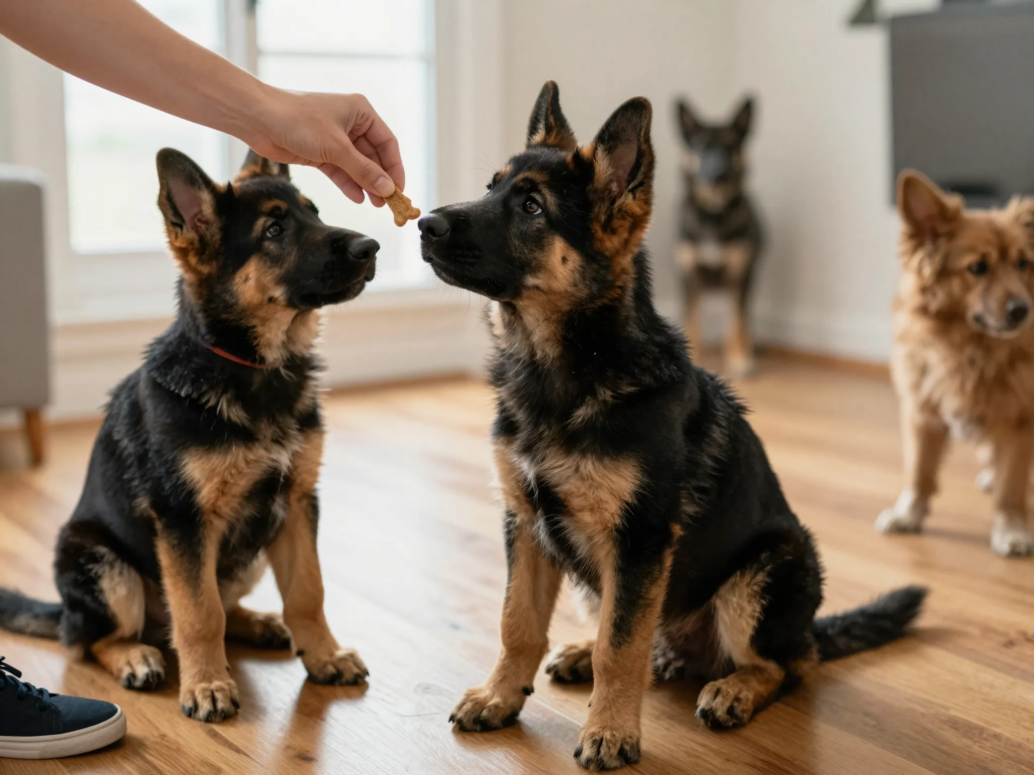 Owner teaching german shepherd puppy sit command with treat