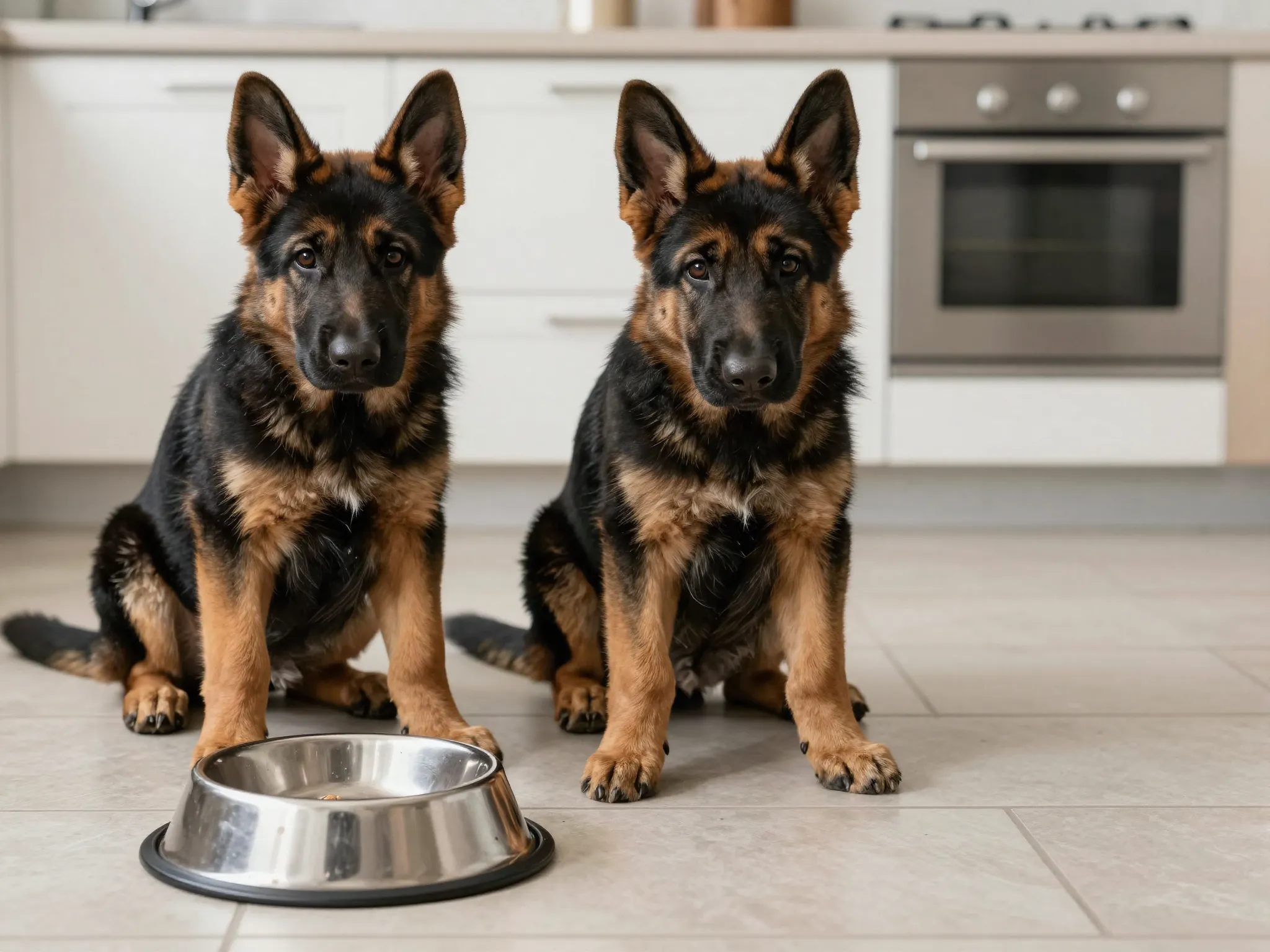 German shepherd puppy waiting calmly before food bowl