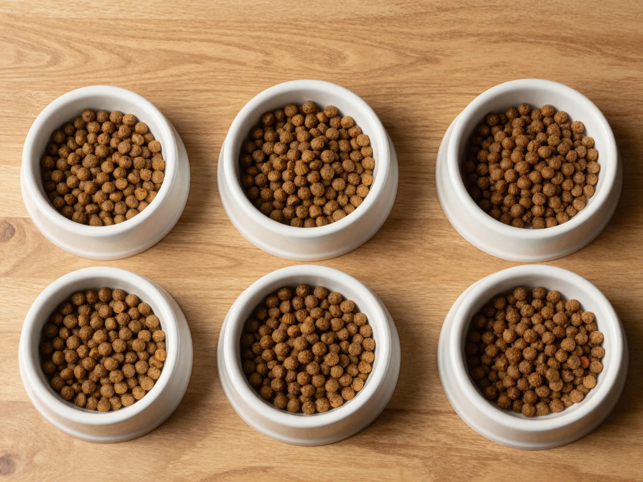 Three measured bowls of large breed puppy kibble