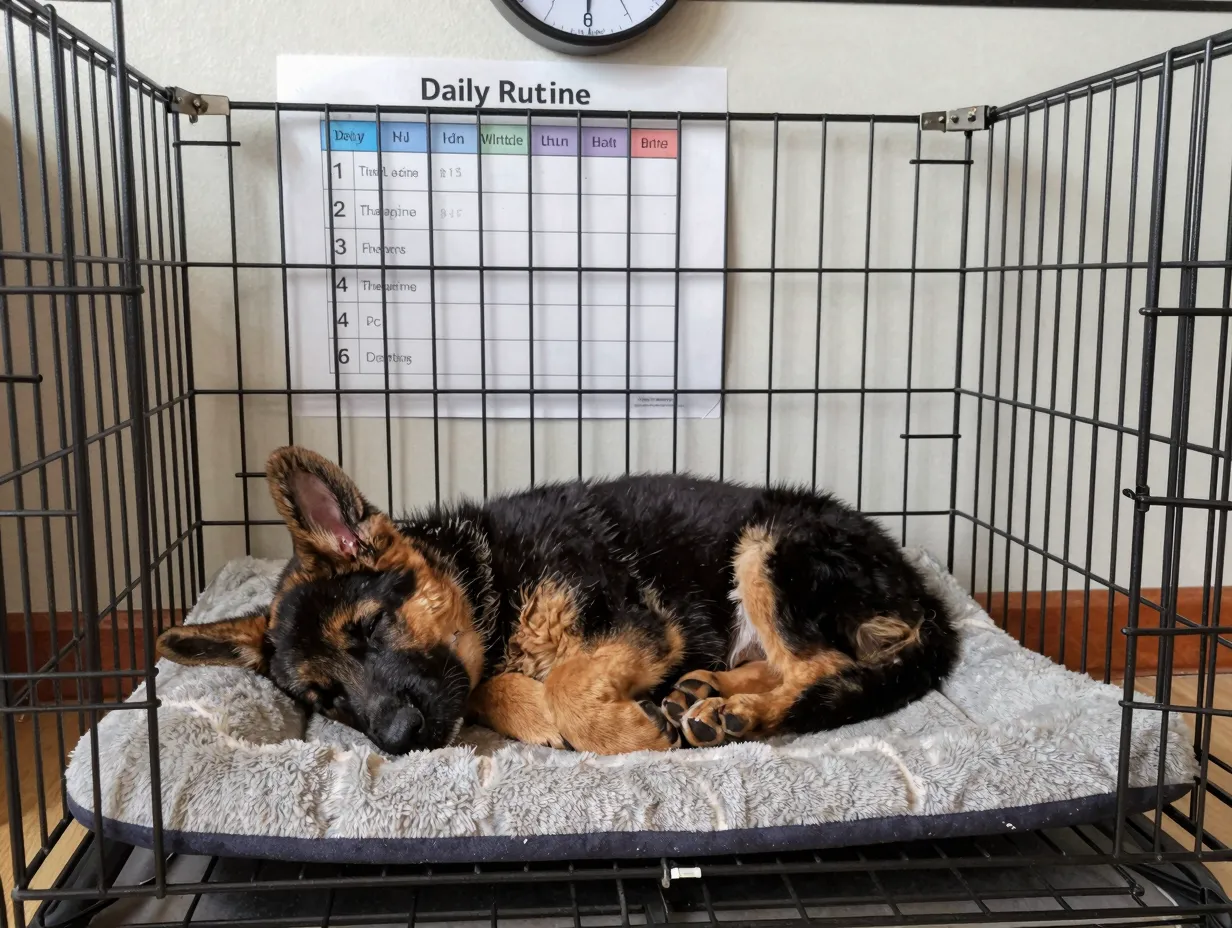 German shepherd puppy sleeping in crate with daily schedule