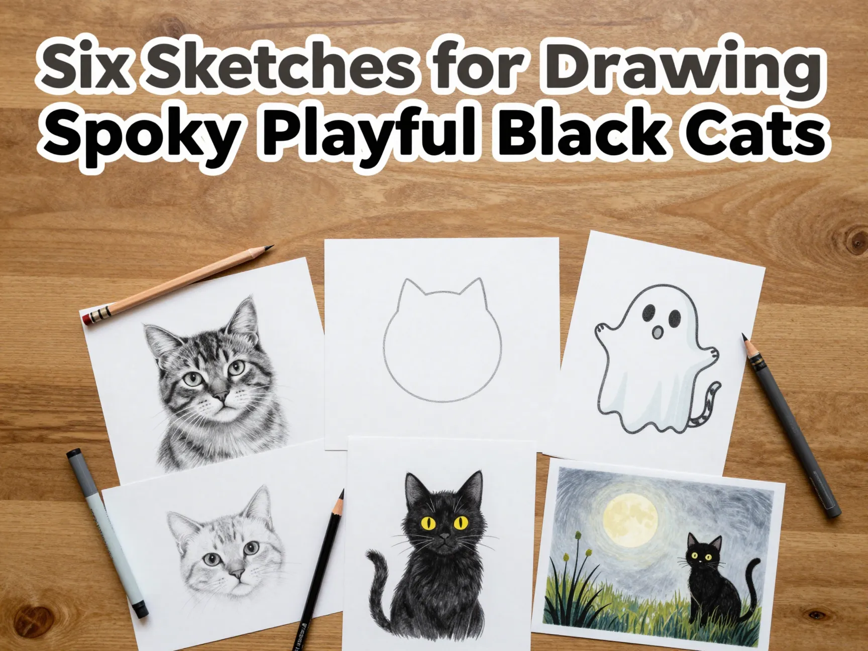 Six sketches for drawing spooky playful black cats