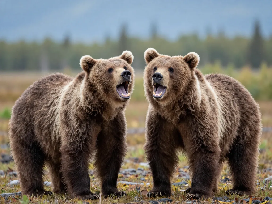 Two teenage brown bears sharing a laugh