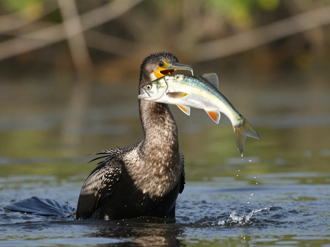 The anhinga blocked by a leaping fish