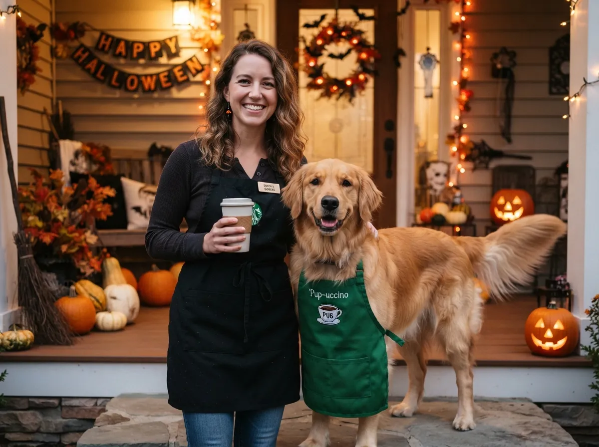 Barista golden retriever with a matching coffee lover owner