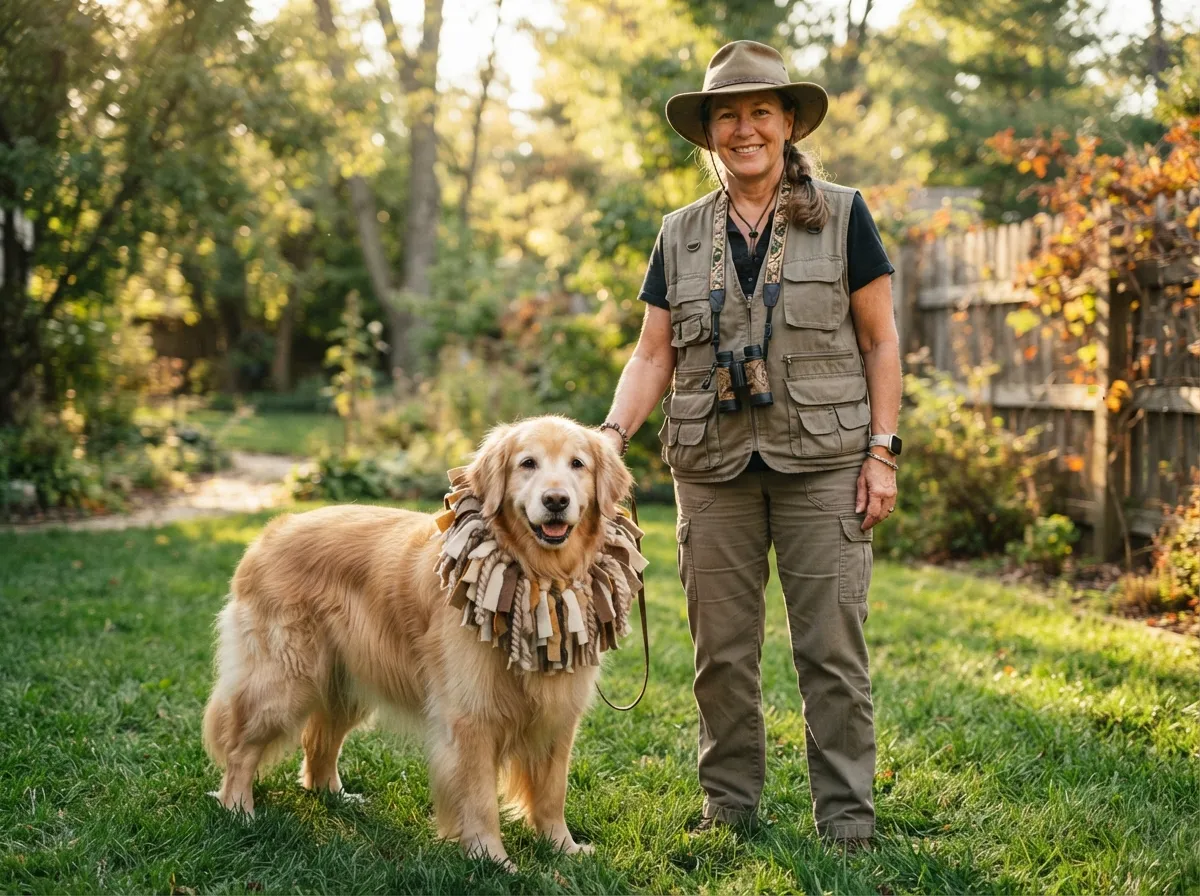 Lion golden retriever paired with a safari ready owner