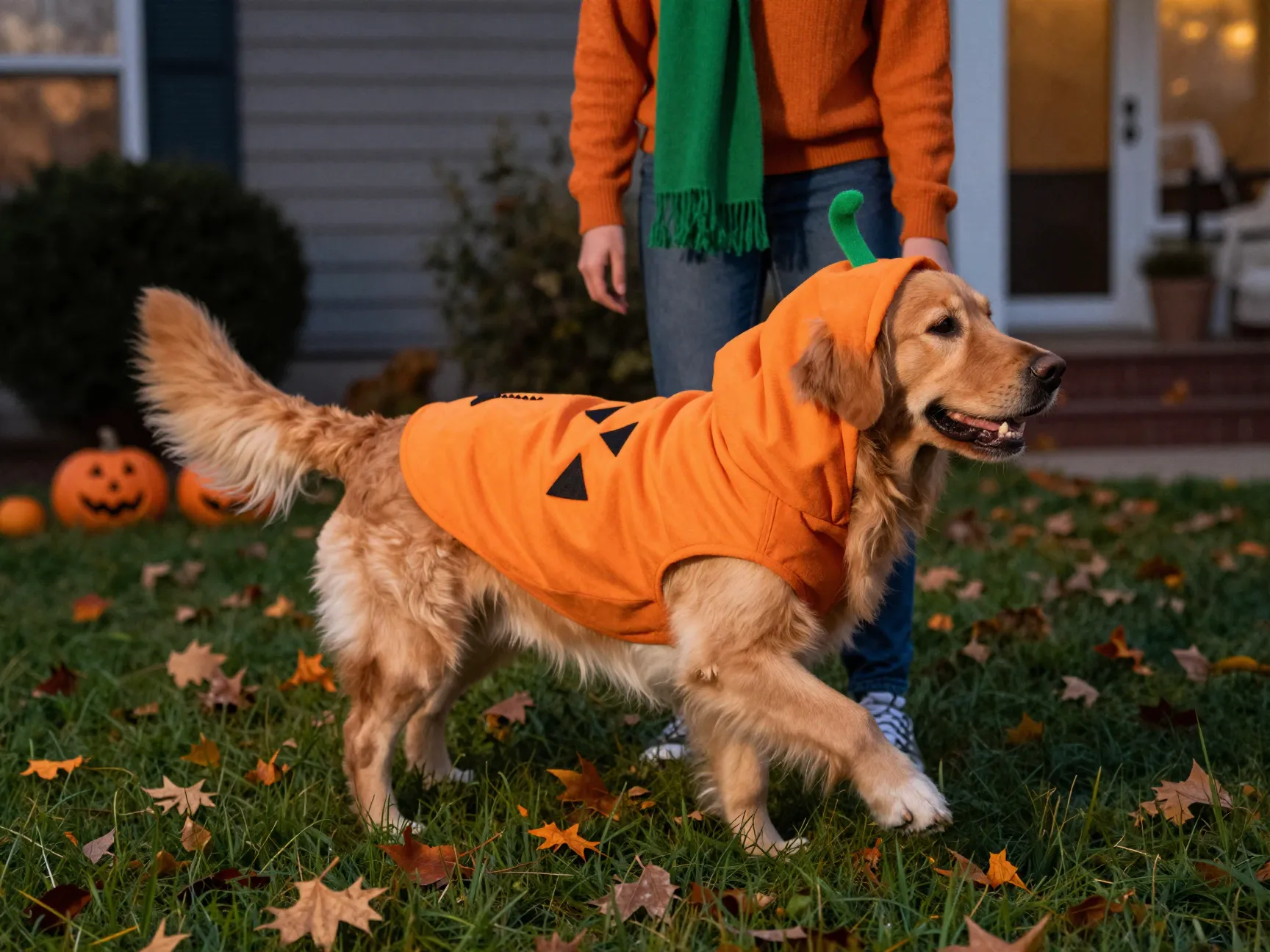 Pumpkin golden retriever with an orange hoodie owner