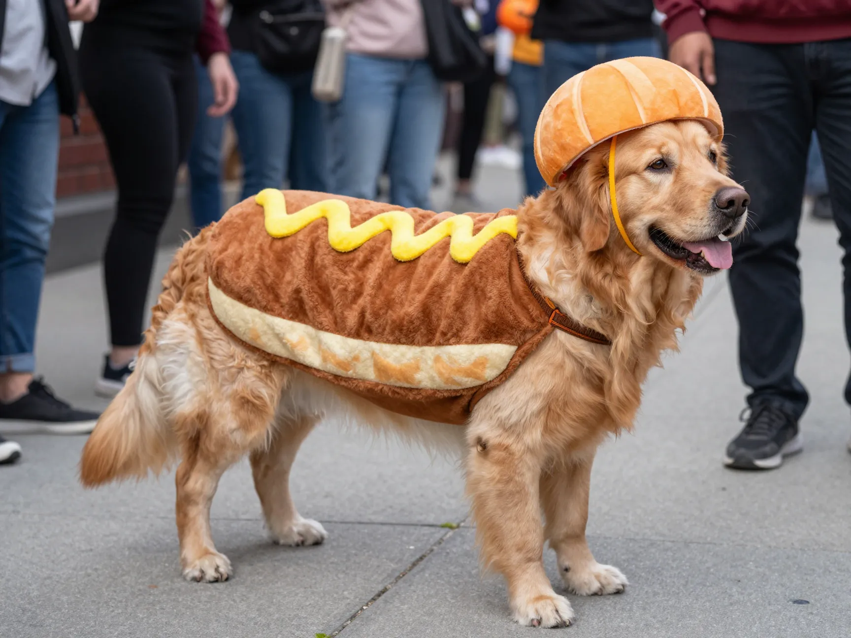 Hot dog golden retriever with a bun loving owner