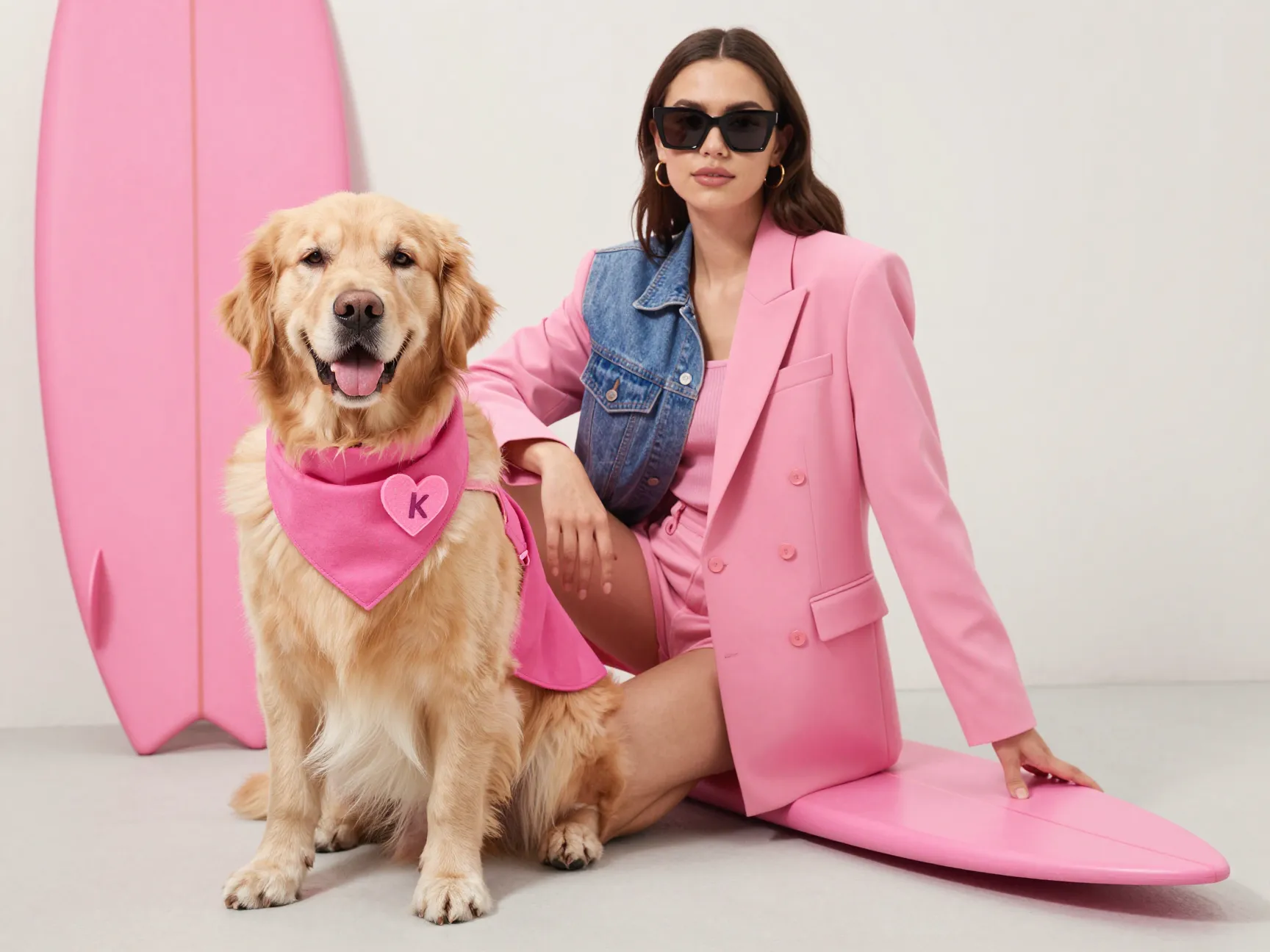 Barbie and ken style golden retriever and owner duo