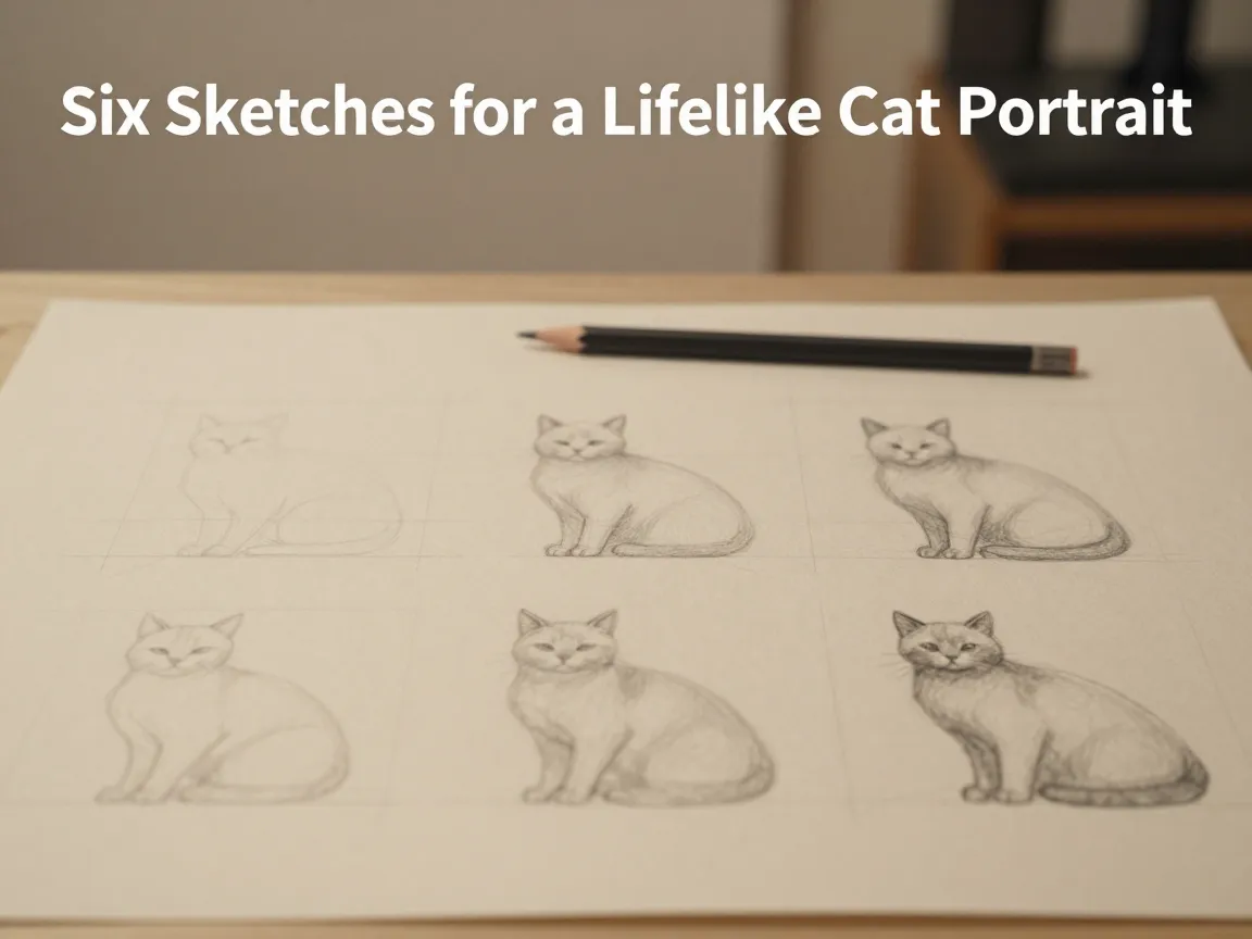 Six sketches for a lifelike cat portrait