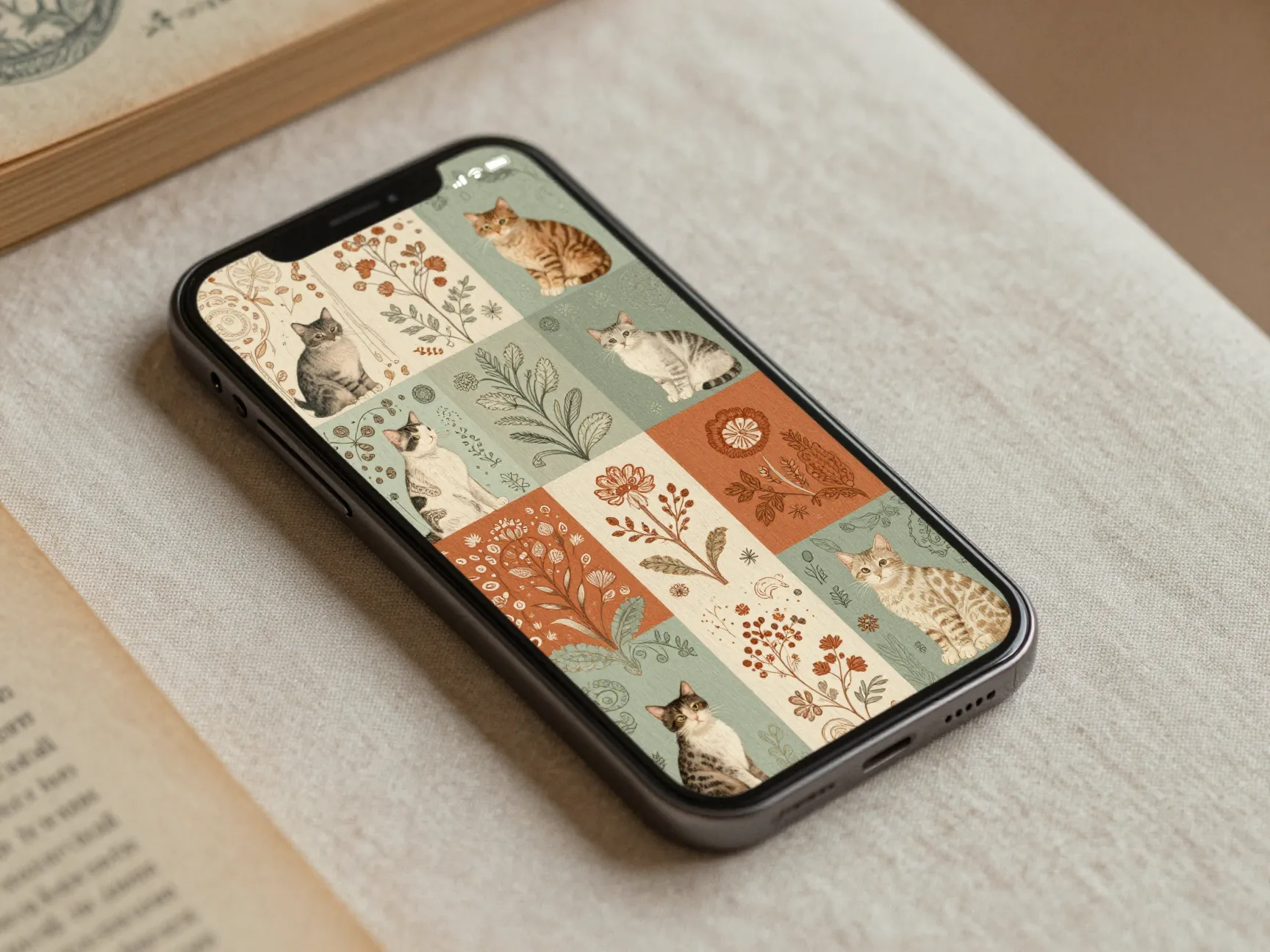 Vintage botanical cat motifs