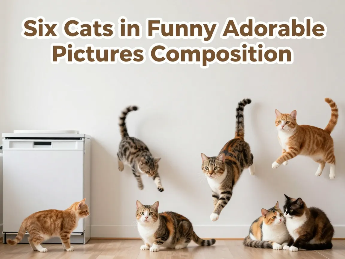 Six cats in funny adorable pictures composition