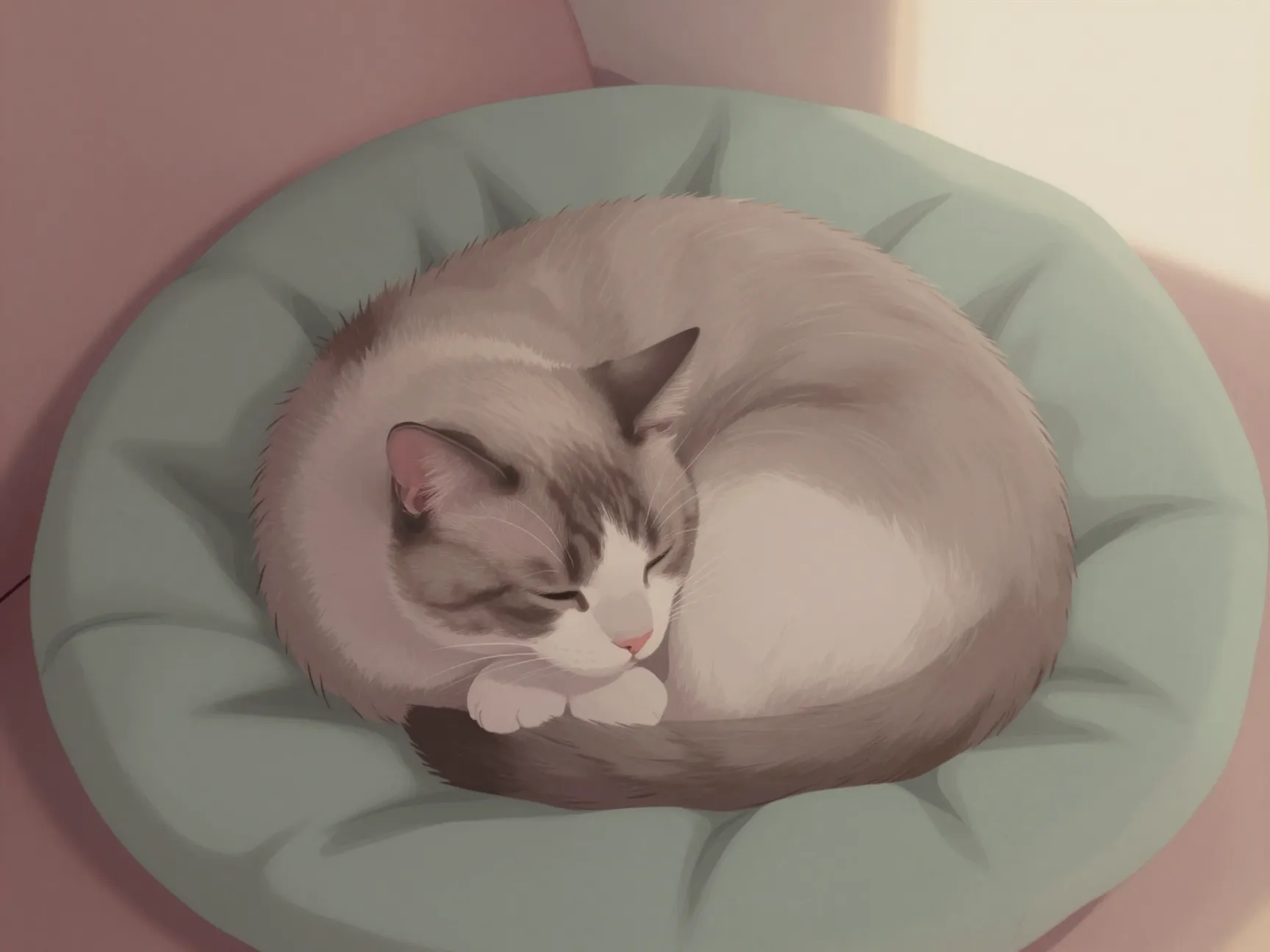 Sleepy cat bundled in a blanket or cushion