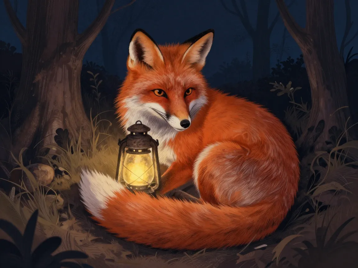Fox curled around a lantern or its own fluffy tail