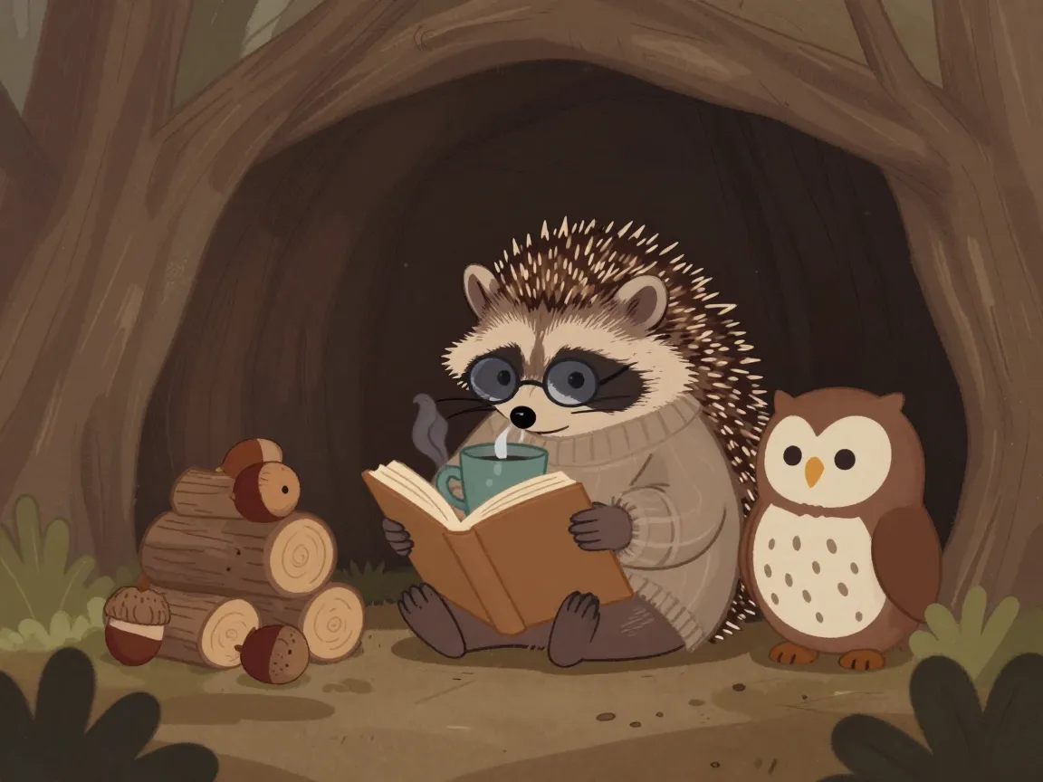 Woodland critters in sweaters reading or drinking hot drinks