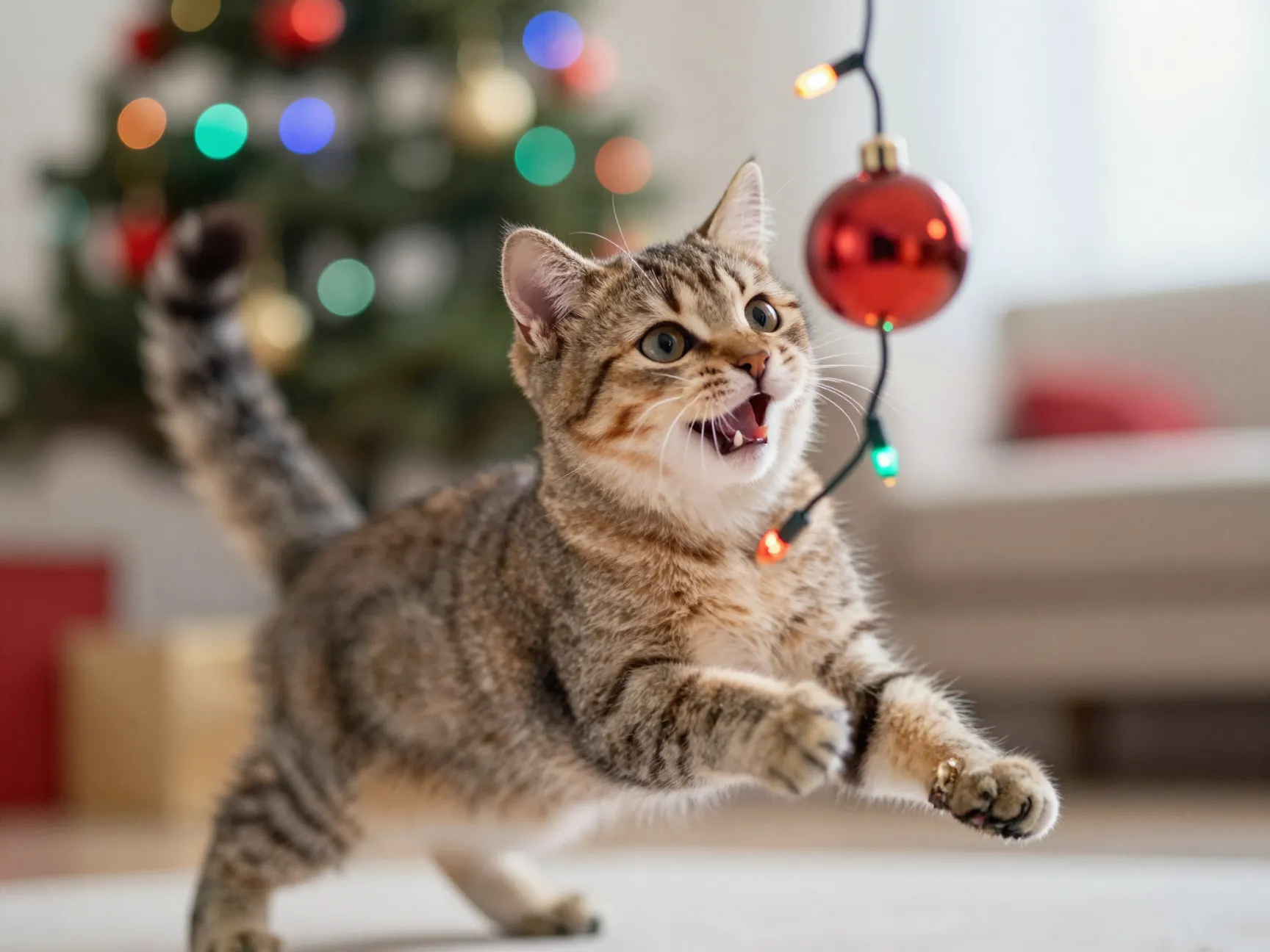 Cat playing with christmas lights