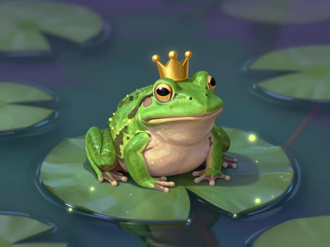 Crowned frog prince characters in magical ponds