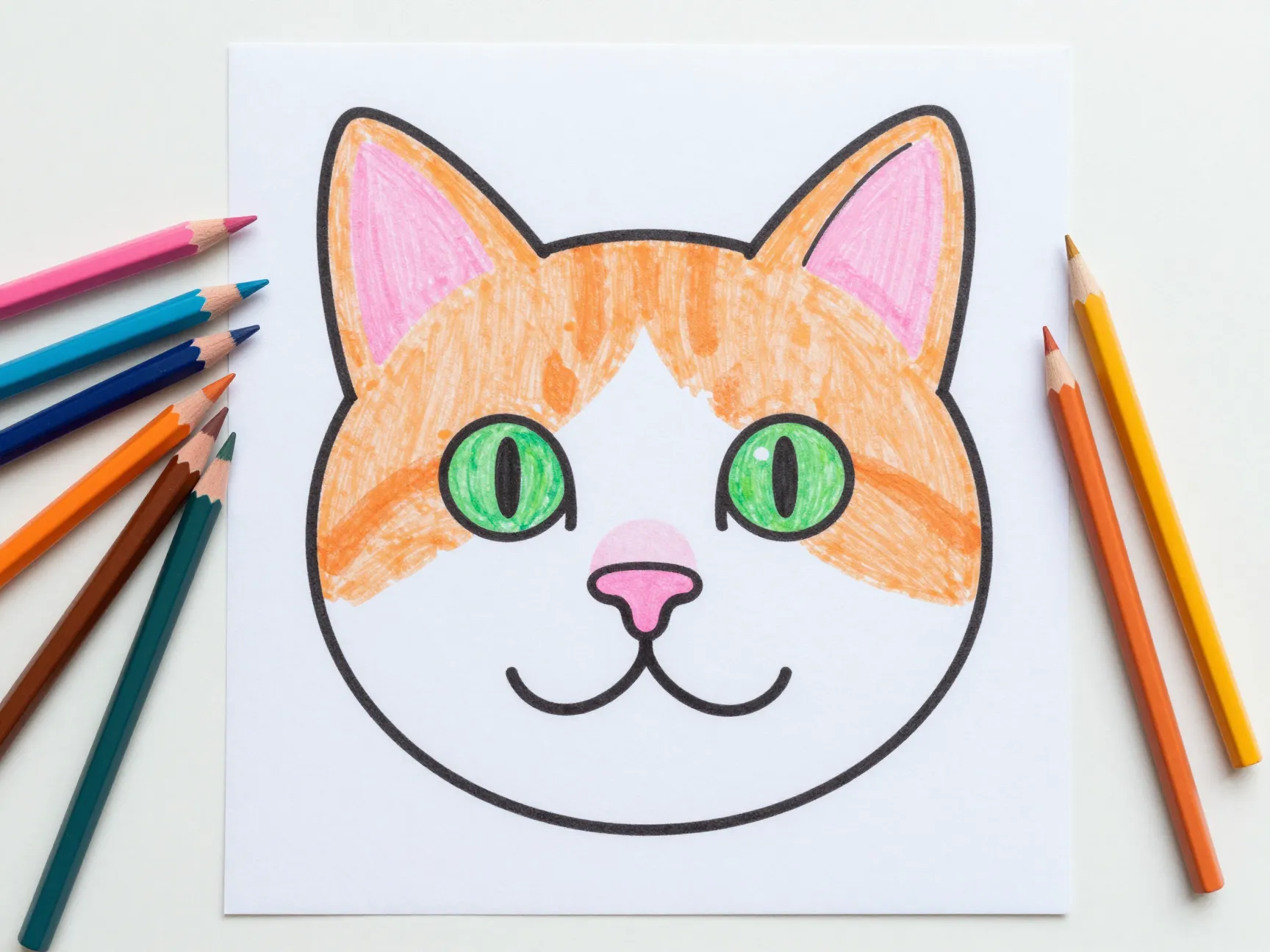Easy cat face drawing with simple shapes and coloring