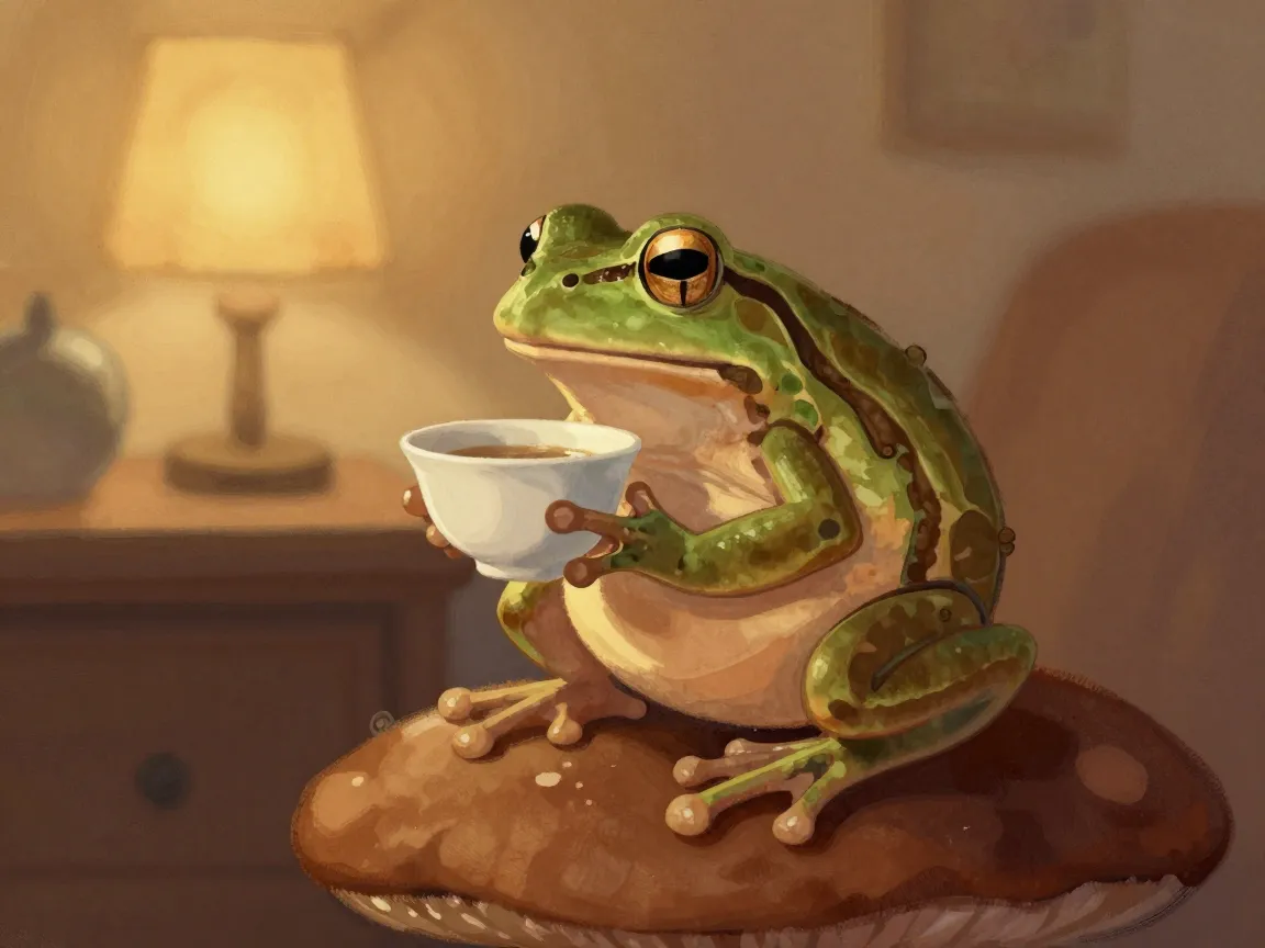 Cozy frogs sipping tea in quiet scenes