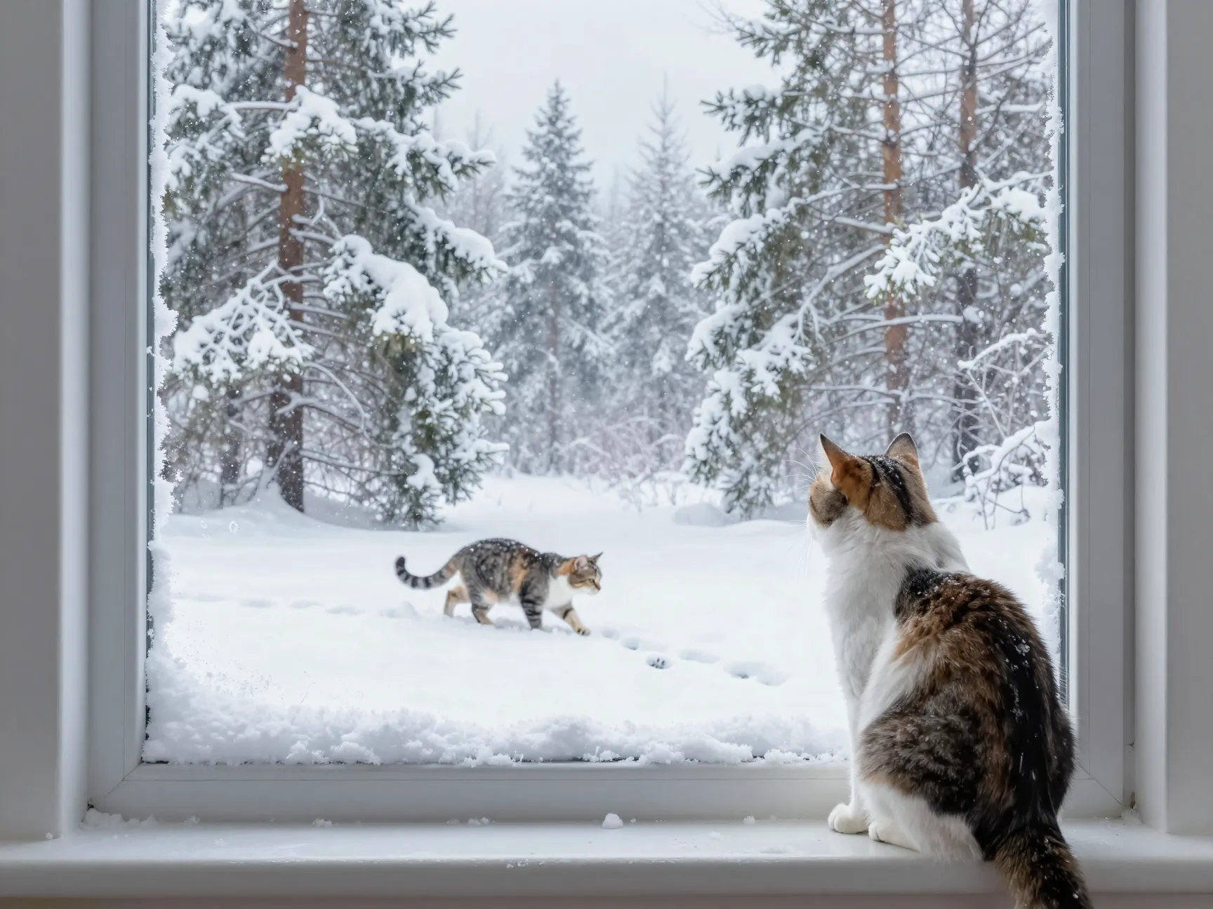 Snowy catventure in the winter landscape